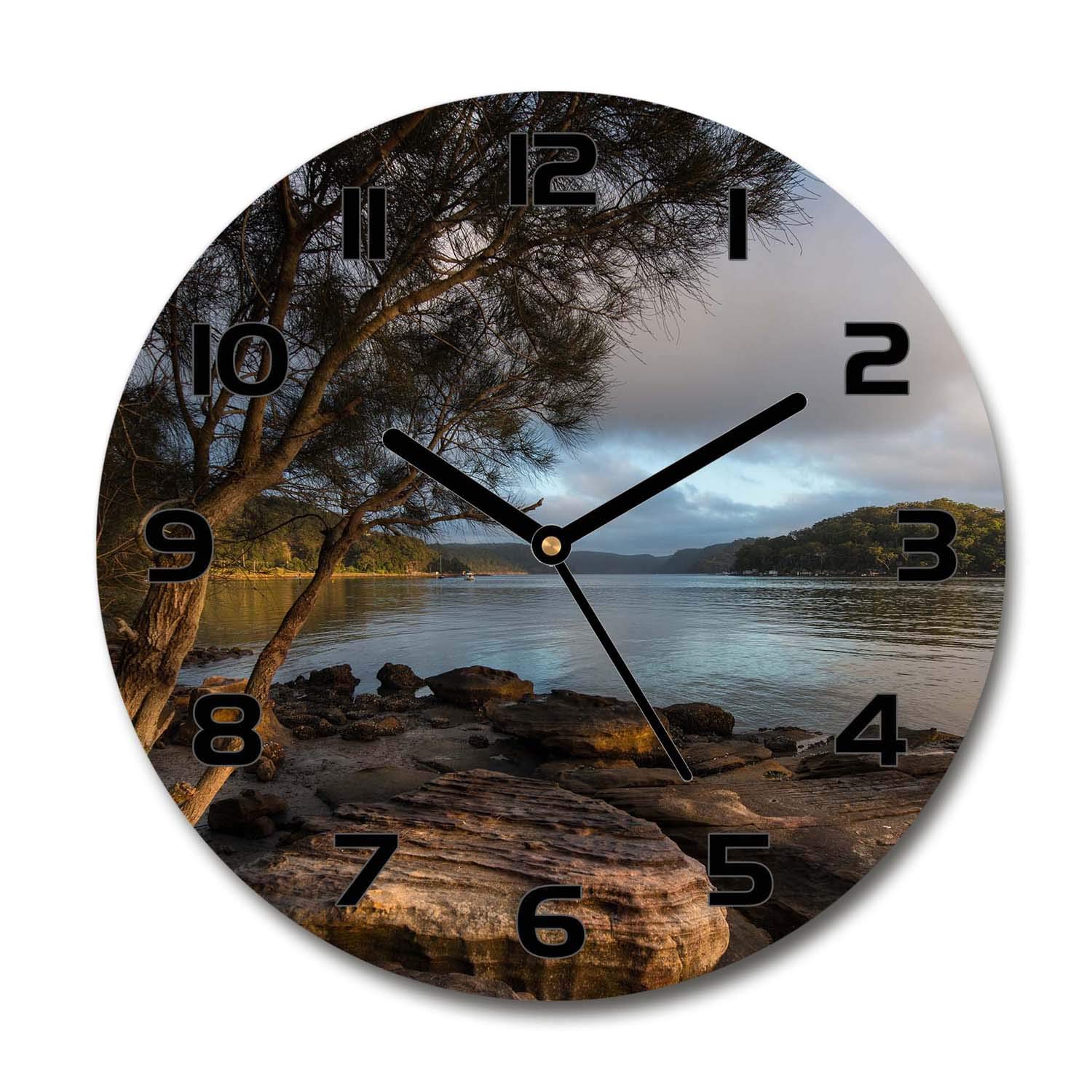 Horloge en verre 60x60cm Tulup, pendule silencieuse Arbre au Bord de la Rivière pour salon chic
