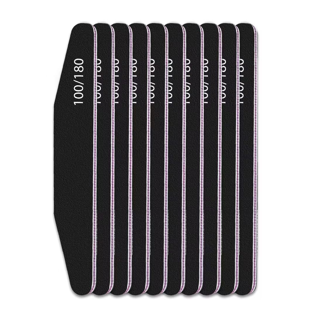 elzle 10 Pezzi Lime per Unghie Professionali, Lima per Unghie 100/180 Doppia Faccia con Mezza Luna Bilaterale, Set per Cura Unghie Lavabile Strumenti Manicure (Nero)