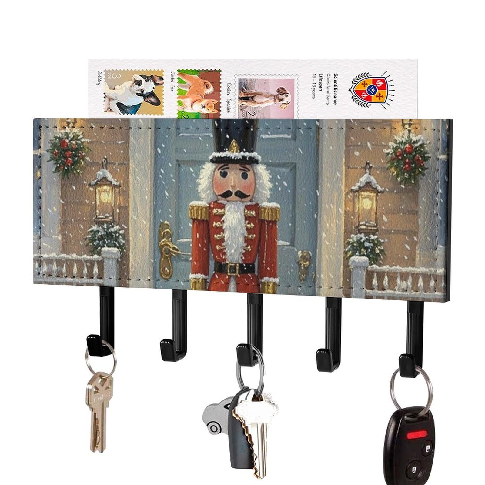 DWVTSLH Vintage Nutcracker Key Holder for Wall, Decorative Key Hooks with Mail Organizer & 5 Hooks, Self Adhesive Leather Key Hanger for Entryway, Wall Mounted Key Rack (7.1” X 4.3” X 0.9”)