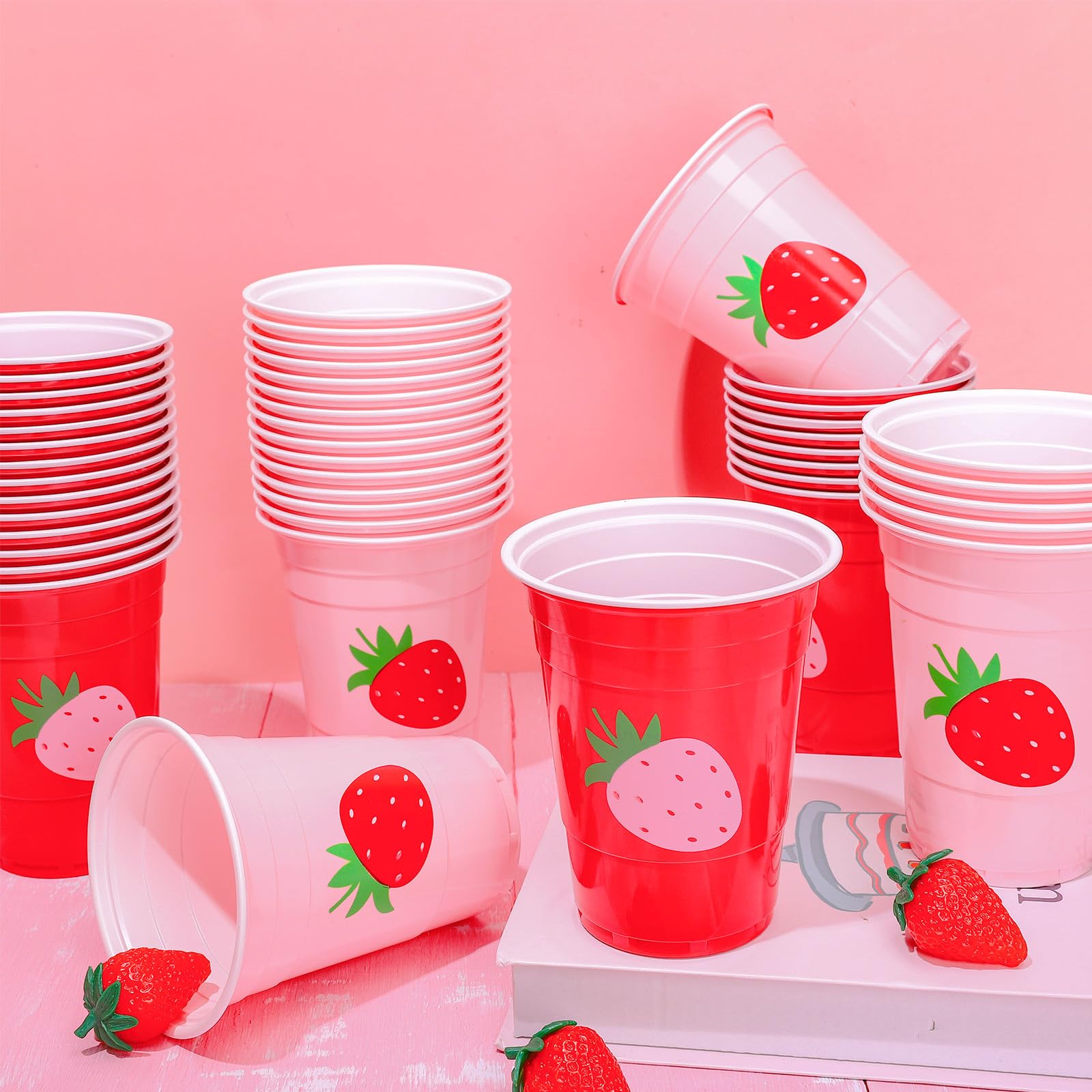 FYSUIMU Erdbeer-Plastikbecher, 473 ml, Rot / Rosa, Einweg-Trinkbecher, stapelbar, Partybecher für Sommer, Geburtstag, Babyparty, Partyzubehör, 100 Stück