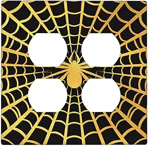 Decorative Outlet Covers Black Background with Golden Spiderweb Spider 2 Gang Outlet Cover Wall Plate Double Duplex Light Switch Cover Plate Switch Plate Covers