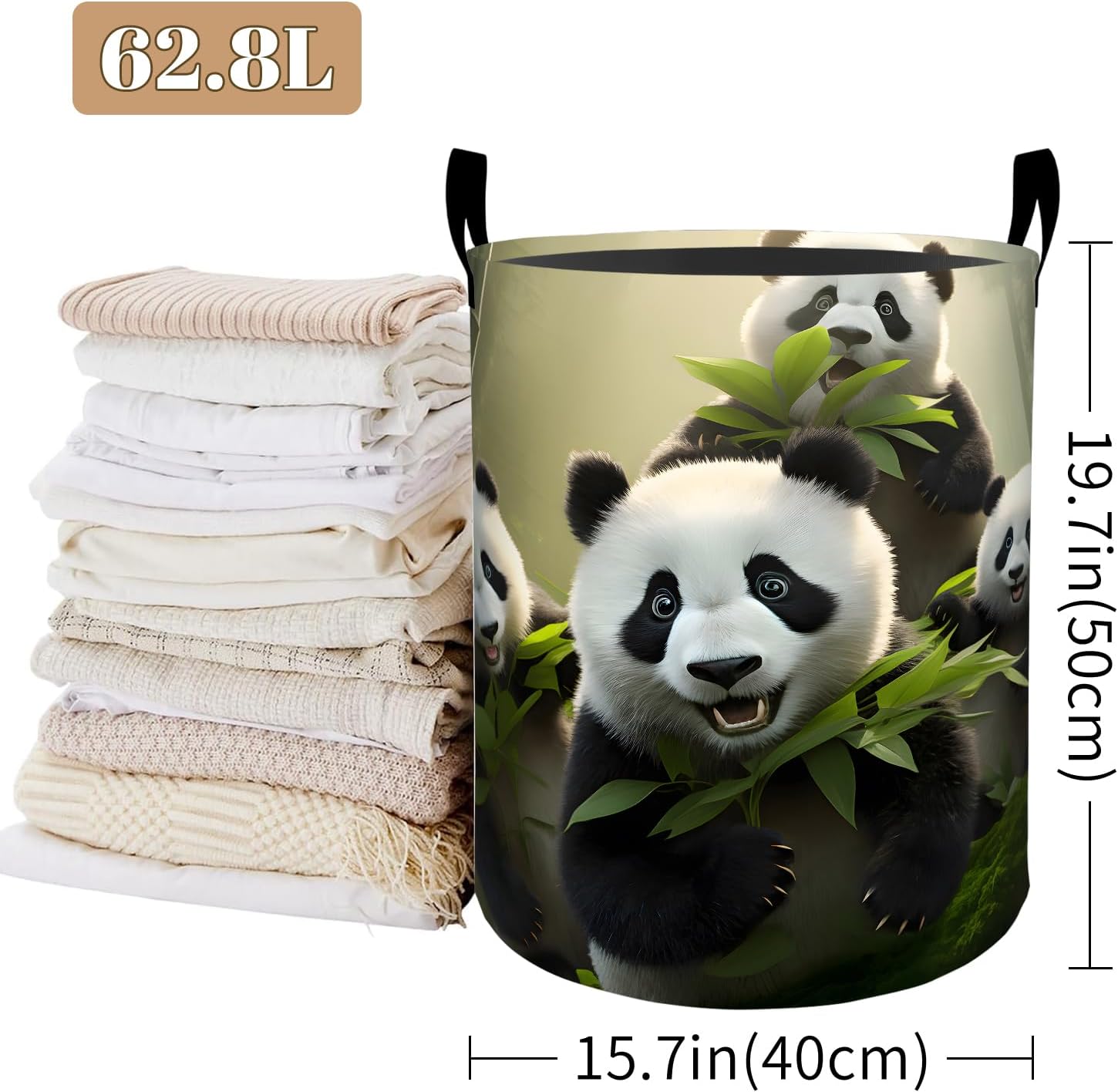 Palyful Panda Laundry Basket, Forest Leaf Print Foldable Oxford Cloth, Waterproof Dirty Clothes Hamper with Handles, Clothing Storage Bucket Toy Organizer for Bathroom Bedroom Dorm, 19.7"x15.7" image 2