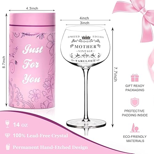 Miniatura 4 de Regalos de cumpleaños para madre, copas de vino grabadas vintage de 14 onzas, regalos para mujeres, mamá, mamá, cumpleaños, único de hija e hijo
