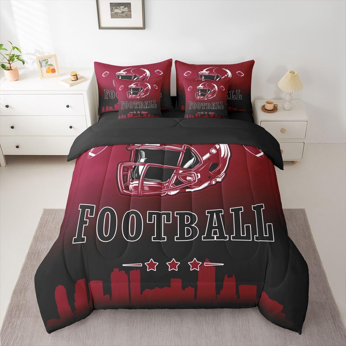 Erosebridal Football City 7 Piece Bedding Set Twin American Soccer Comforter Set with Sheets for Kids Boys Teen Adults,Sports Rugby Bed in A Bag Ball Competitive Games Bed Set,Brown Black