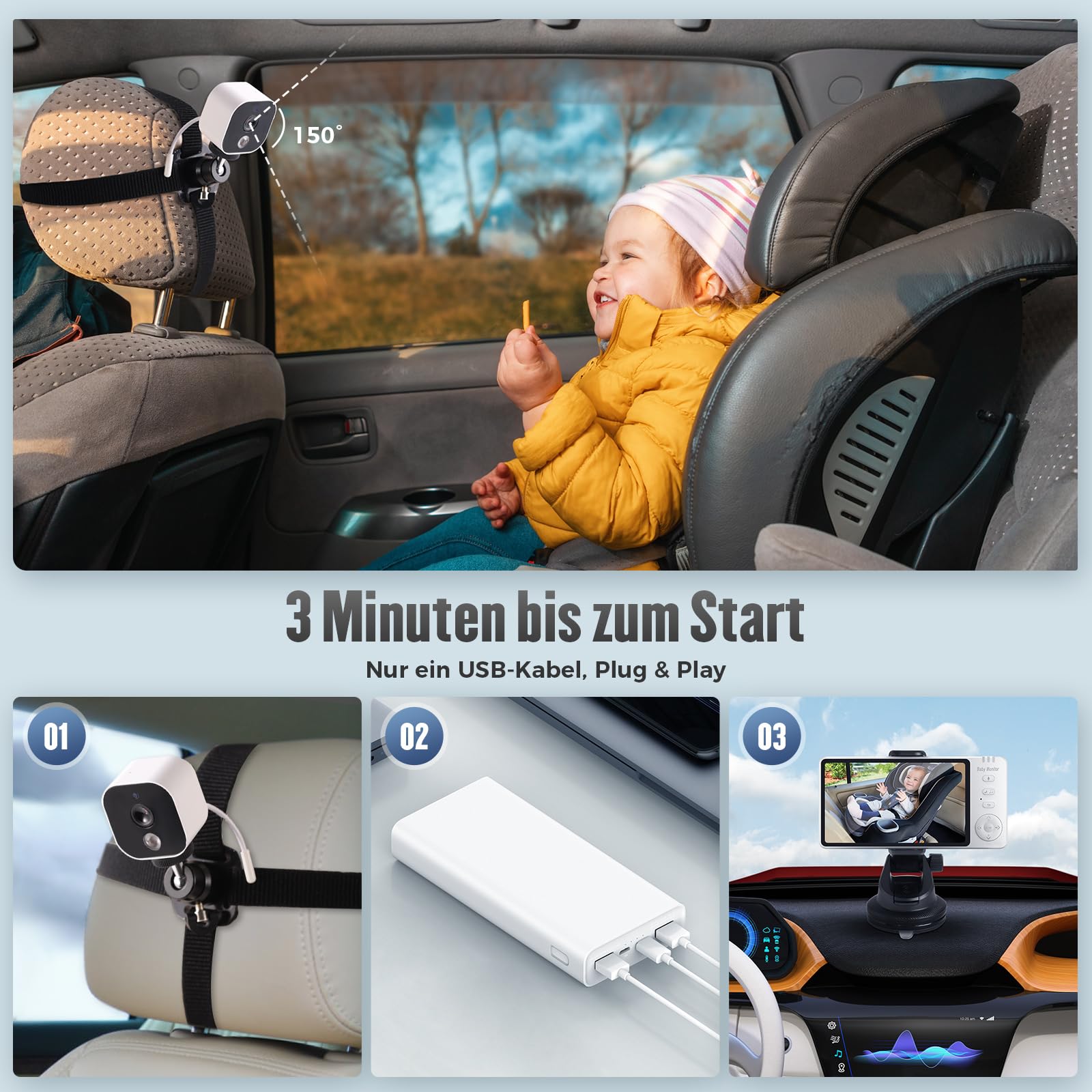 Baby Kamera Auto mit 5'' Display: HD Nachtsicht und Weitwinkel autospiegel Baby rücksitz USB Plug&Play Einfache Installation Ideal für Babyschalen