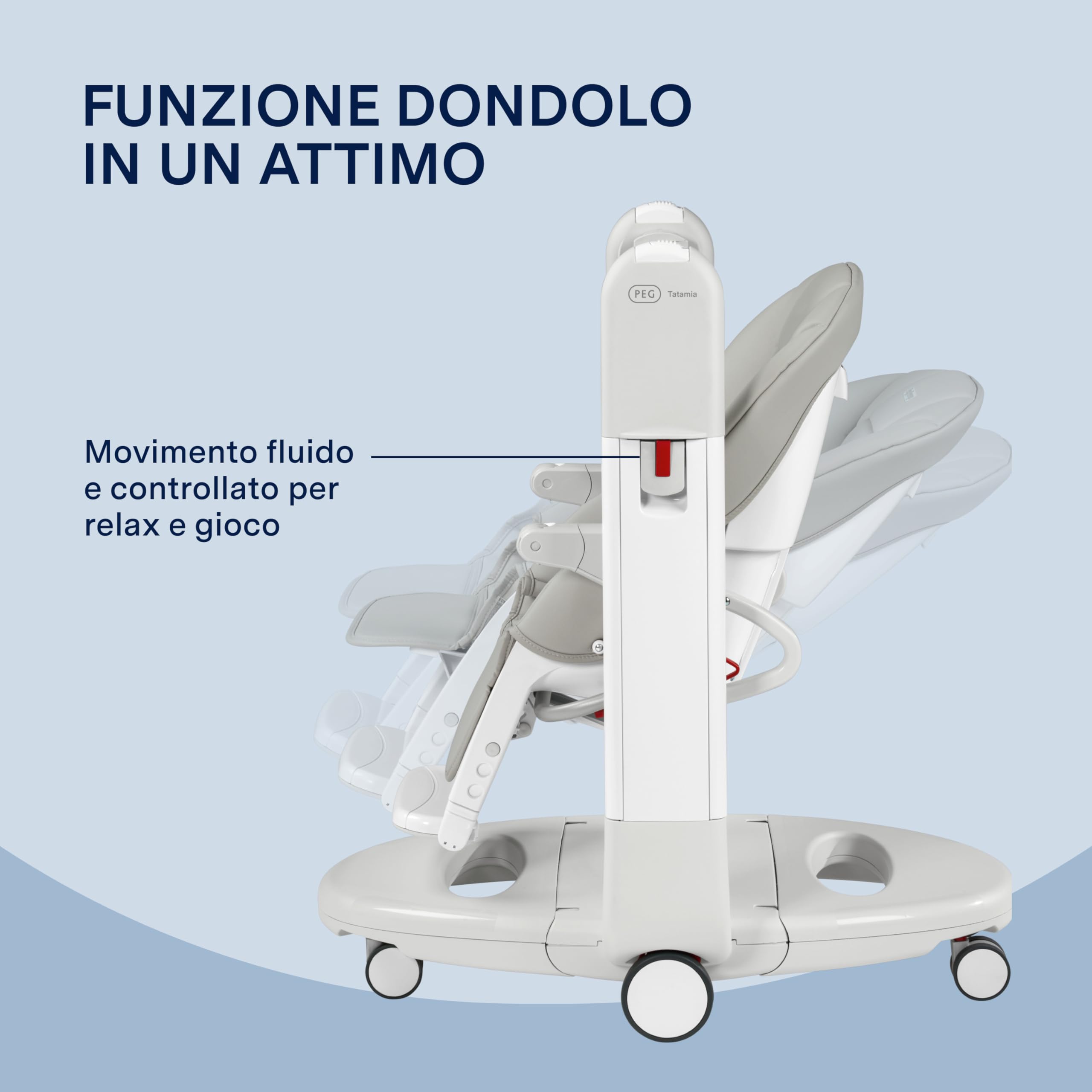 PEG Tatamia Follow Me Seggiolone Pappa 3 in 1 dalla Nascita: Seggiolone, Sdraietta e Dondolo, 9 Altezze, Doppio Vassoio, 6 Ruote, Pieghevole, 0–3 Anni (0–15 kg), Ice