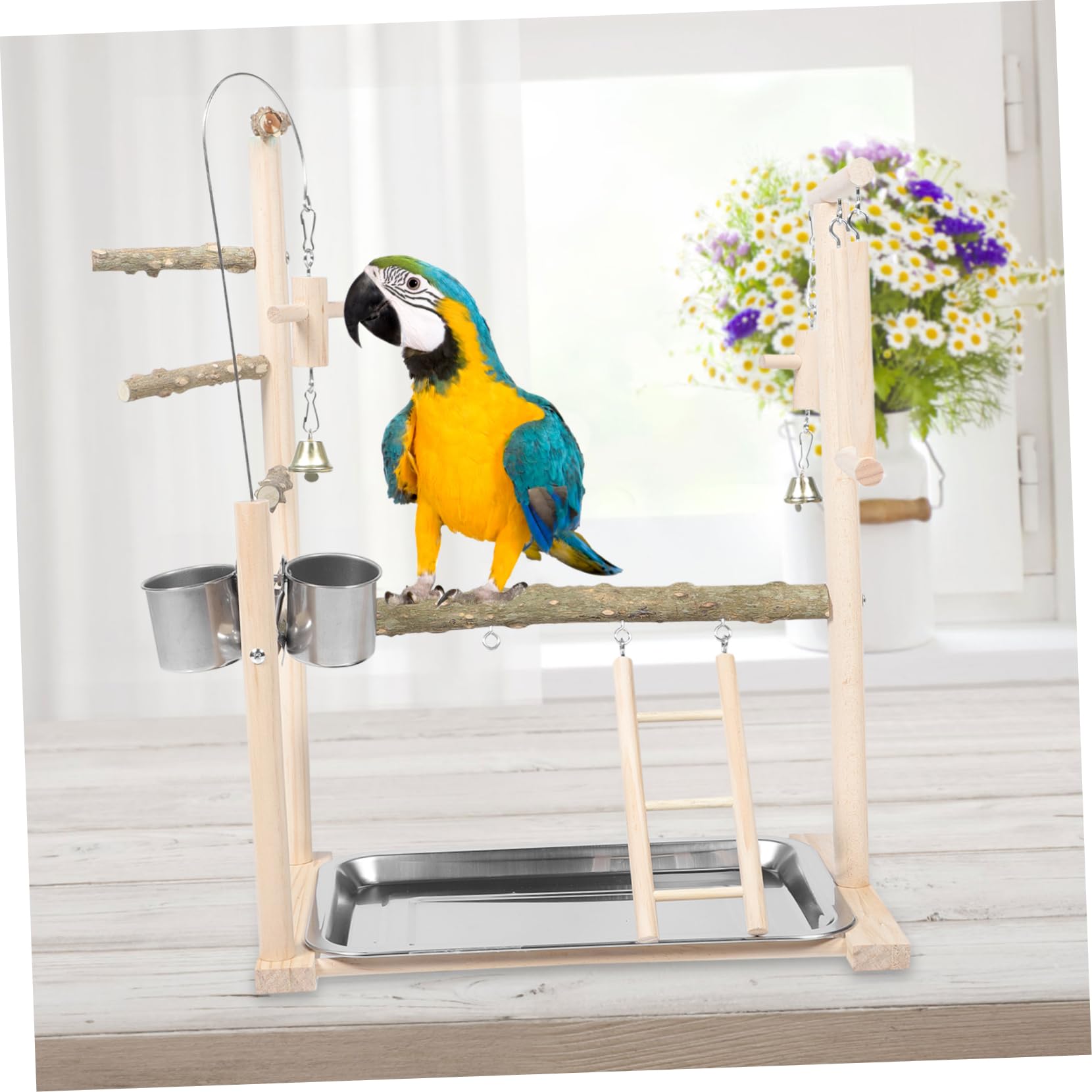 HEMOTON Parco Giochi per Uccelli Supporto per Pappagalli Ciotola per Alimentazione Piattaforma in Legno per Trespolo Supporto per Gabbia Accessorio per Pappagalli