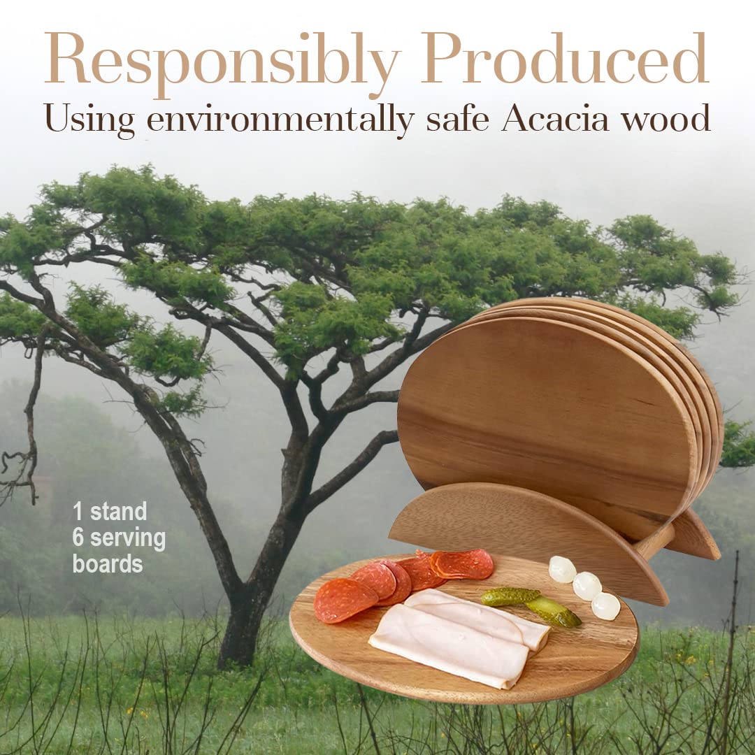 Woodard & Charles Lot De 6 Planches De Service En Bois D'acacia Avec Support, Parfaites Pour Servir, Sushis, Fromage, Hors-d'œuvre, Charcuterie, Sandwichs, 24,9 X 16,5 Cm