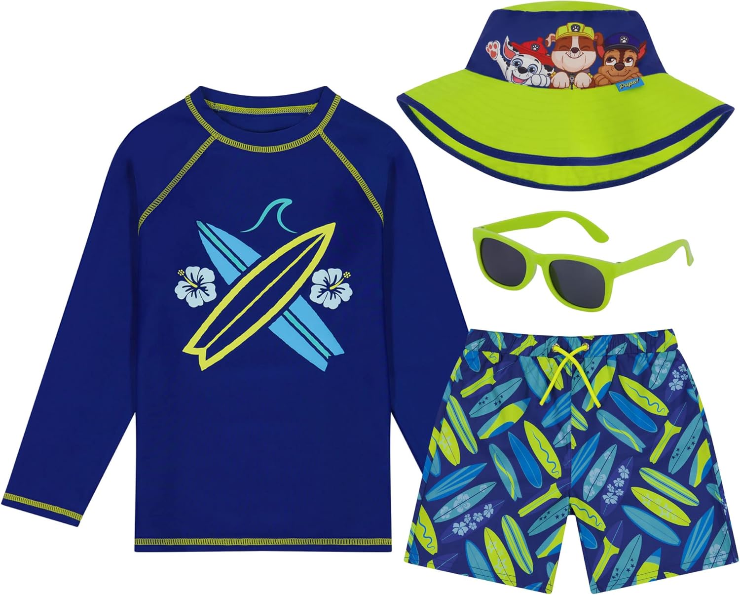 ABG Accessories Boys Paw Patrol & Mickey Mouse Long Sleeves Rash Guard Swim Shorts, Glasses & Bucket Hat Kids Set Age 3-8