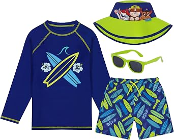 ABG Accessories Boys Paw Patrol & Mickey Mouse Long Sleeves Rash Guard Swim Shorts, Glasses & Bucket Hat Kids Set Age 3-8
