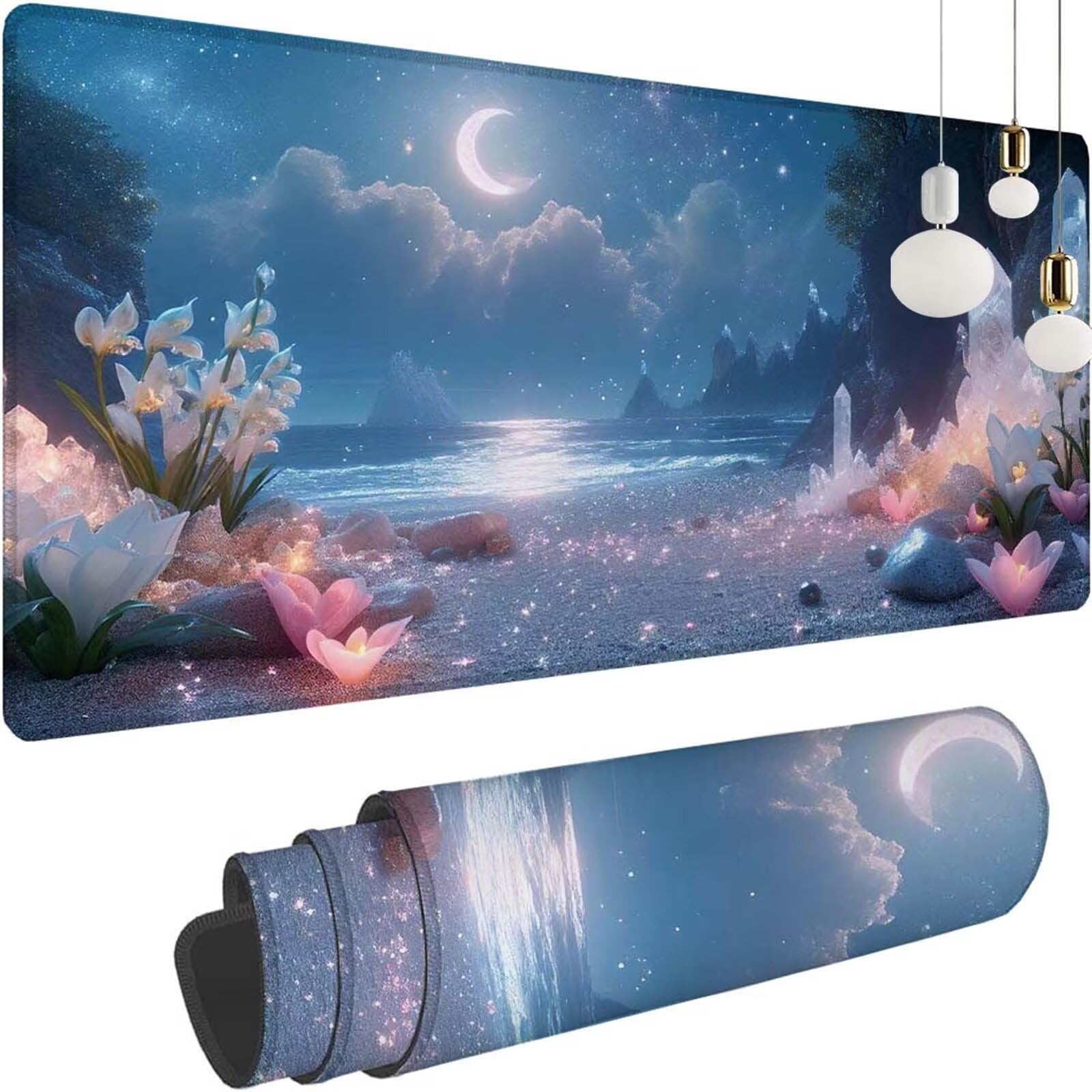 Alfombrilla Ratón Luna Océano Alfombrilla Ratón XXL 1400x600x3mm Mouse Pad Resiste Salpicaduras, Extendida de Gran Tamaño con Bordes Cosidos, Mejora Precisión y Velocidad,Antideslizante,Duradera y-467