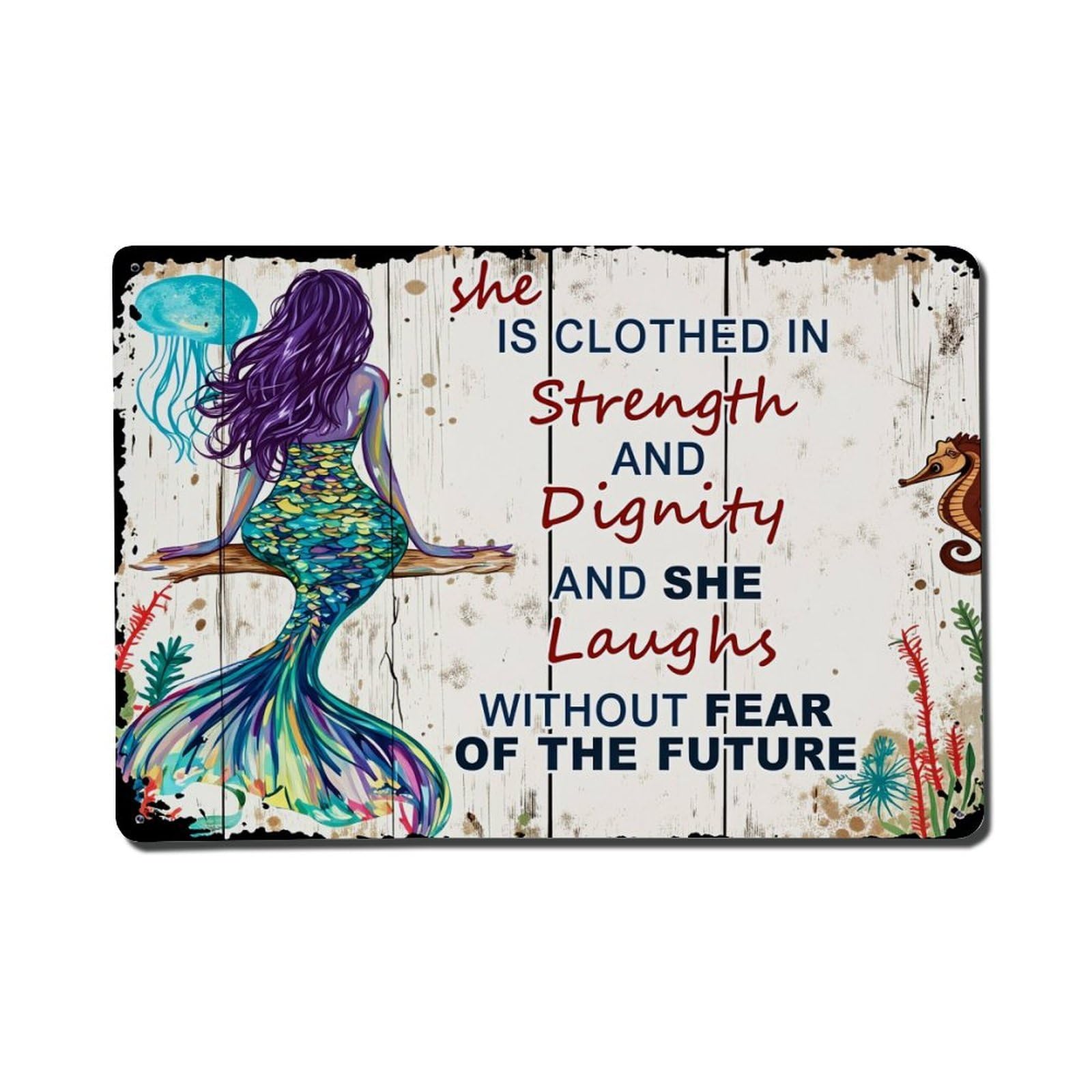 Mermaid With Purple Hair And Colorful Tail On Wood Background Tin Sign Vintage Metal Poster, Home Bar Garage Man Cave Cafe Indoor & Outdoor Wall Decoration 8x12Inches