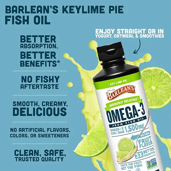 Barlean's Omega 3 Fish Oil Liquid Supplement for Men and Women, 1500mg of EPA and DHA Fatty Acid, Promotes Brain & Heart Health - Non-GMO, Key Lime Pie, 16 oz 4