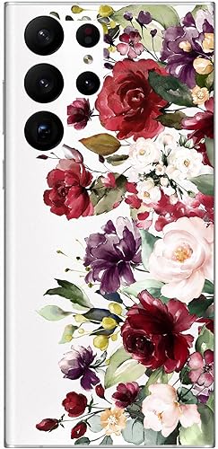 Blingy's Funda para Samsung Galaxy S23 Ultra, bonito diseño de rosas florales, bonito estilo de flor, transparente, suave, TPU protector