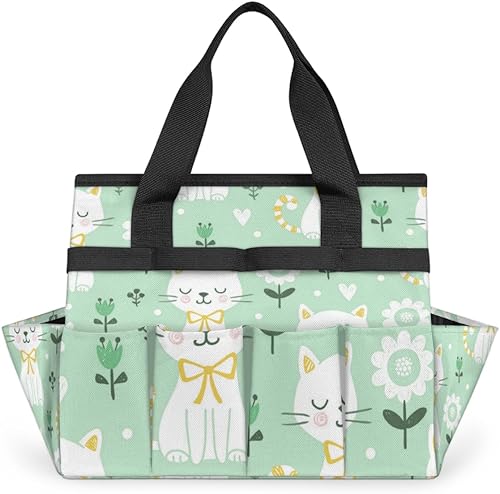 Animal Cat Flower Garden Tool Tote Bag for Women Men Gardening Tool Storage Bags with 10 Pockets Standable Garden Home Tool Kits Organizer for