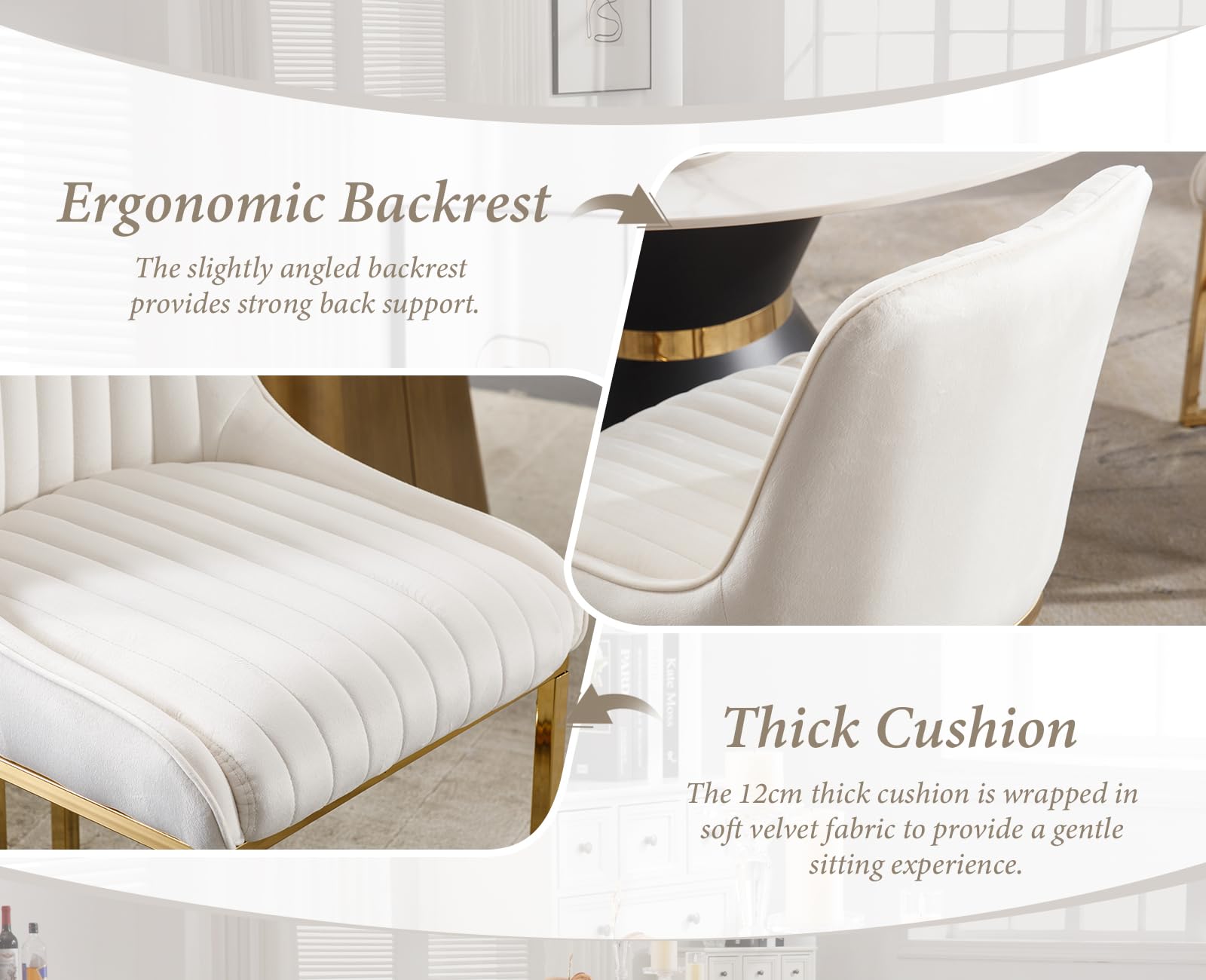 chairus 2PCS Sillas de Comedor Terciopelo con Patas Doradas, Blanco | Modernas, Patas Doradas, Sin Brazos, Para Salón/Cafetería/Recepción