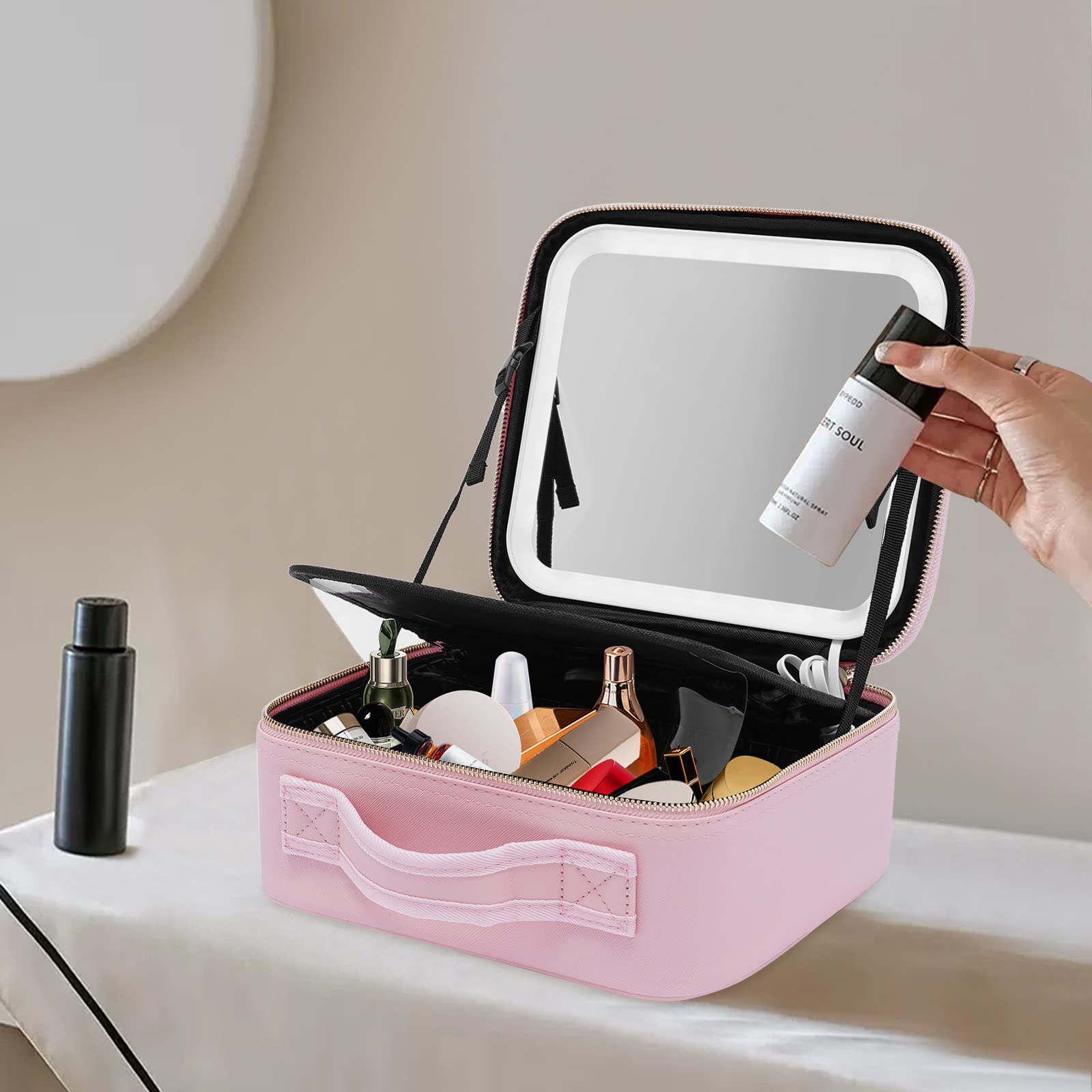 Kosmetyczka podróżna z lustrem, 3 kolory, z oświetleniem LED, z lusterkiem kosmetycznym, przenośna kosmetyczka z regulowanymi ściankami działowymi, 26 x 23 x 11 cm, Rosa, Nowoczesny
