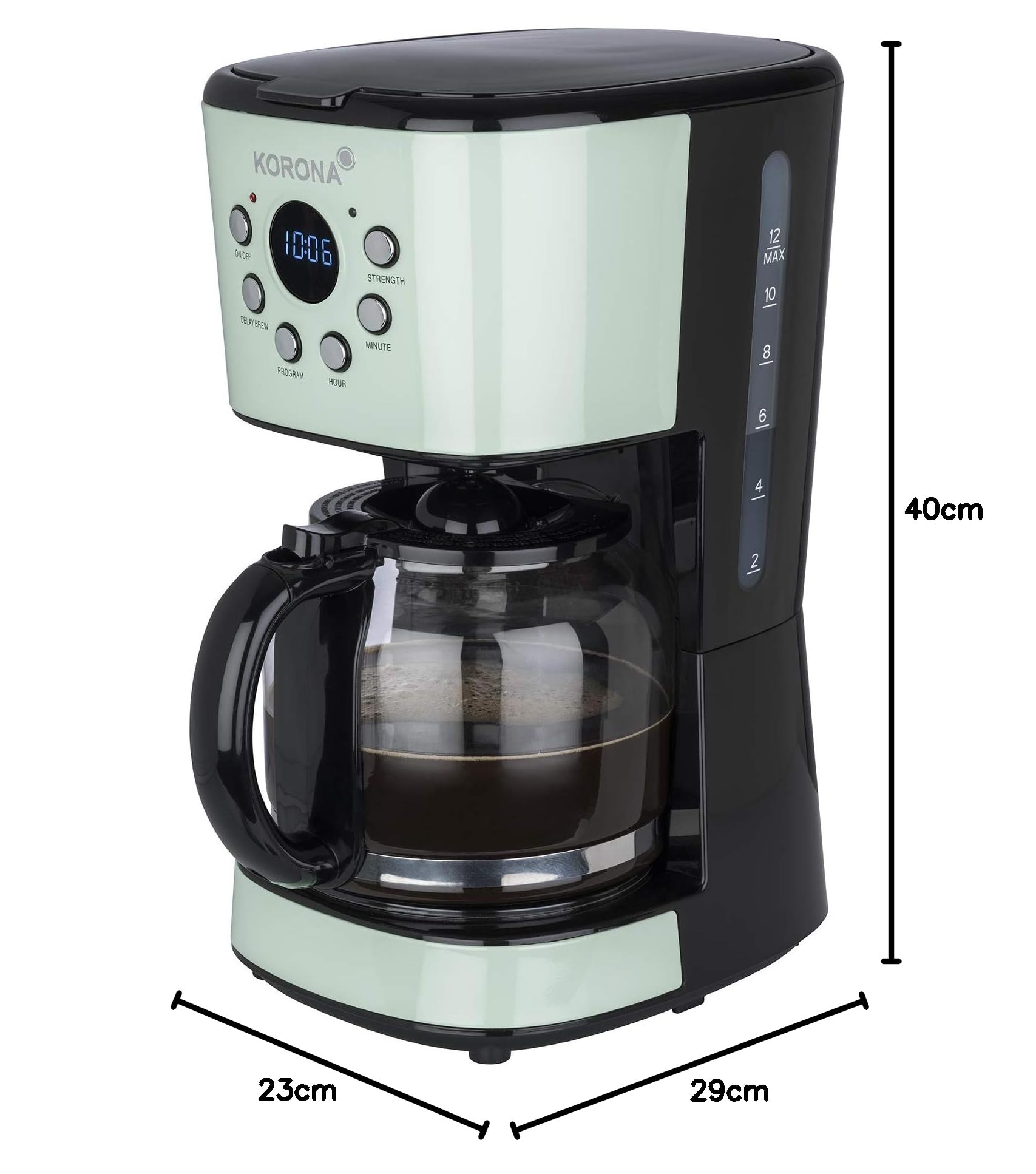 Korona 10665 Caffettiera retrò | Menta | 1,5 litri| Caffettiera con filtro | Display LCD | Temporizzatore | compreso il filtro permanente