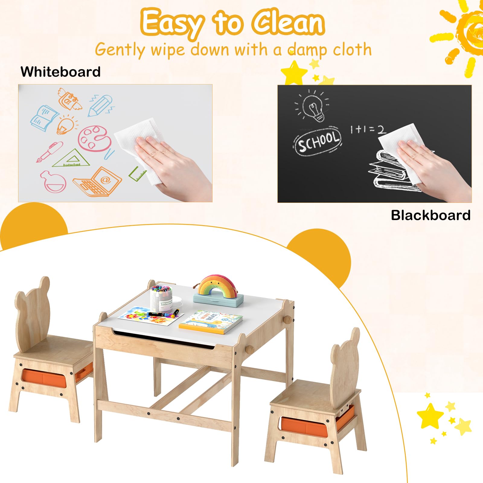 LIFEZEAL Kindertisch mit 2 Stühlen, Kinder Spieltisch mit wendbarer Tafel & Stauraum, Kindersitzgruppe Holz mit niedlichen Mustern, Multifunktionale Sitzgruppe für Kinder ab 3 Jahren (1, Panda)