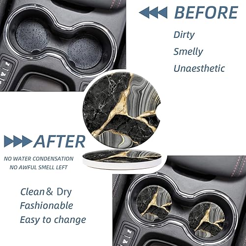 Miniatura 3 de Portavasos para automóvil, posavasos de cerámica con estampado abstracto de mármol negro, antideslizante, con agarre para la punta del dedo,