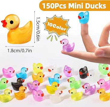 WIURGOHA 150PCS Mini Tiny Resin Ducks Little Miniature Plastic Small Ducks Bulk Glow in The Dark Figures for Dollhouse Decor Accessories Garden Micro Landscape Aquarium Potted Tiny Homes (10 Colors)