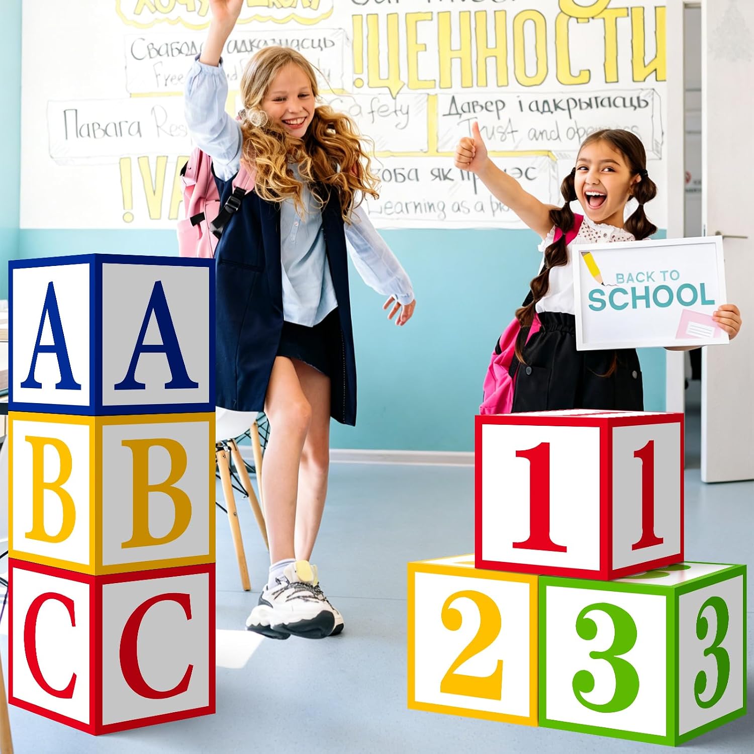Back to School Balloon Boxes Decoration, 6 Pcs | ABC and 123 Friends Street Balloon Boxes Alphabet 123 Blocks Boxs for First Day of School Baby Shower Story Party Décor