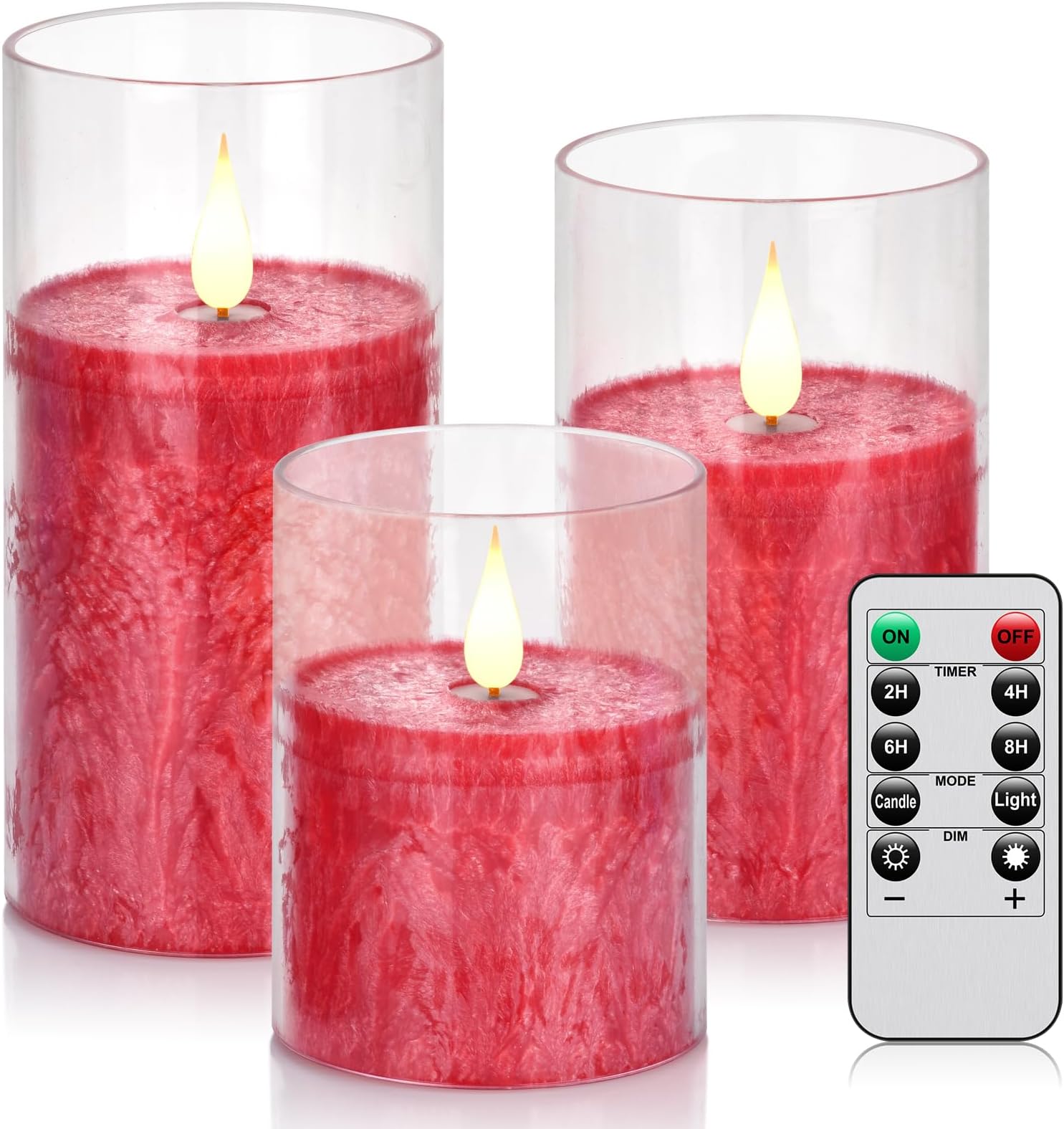Flameless Flickering Remote Control Candle, Glass Pillar Candle,3 Pack (D:3"×H:4" 5" 6") LED 3D Flame Romantic Candle,Battery Operated Real Wax, Ideal for Wedding, Home Decor Holiday (Red)