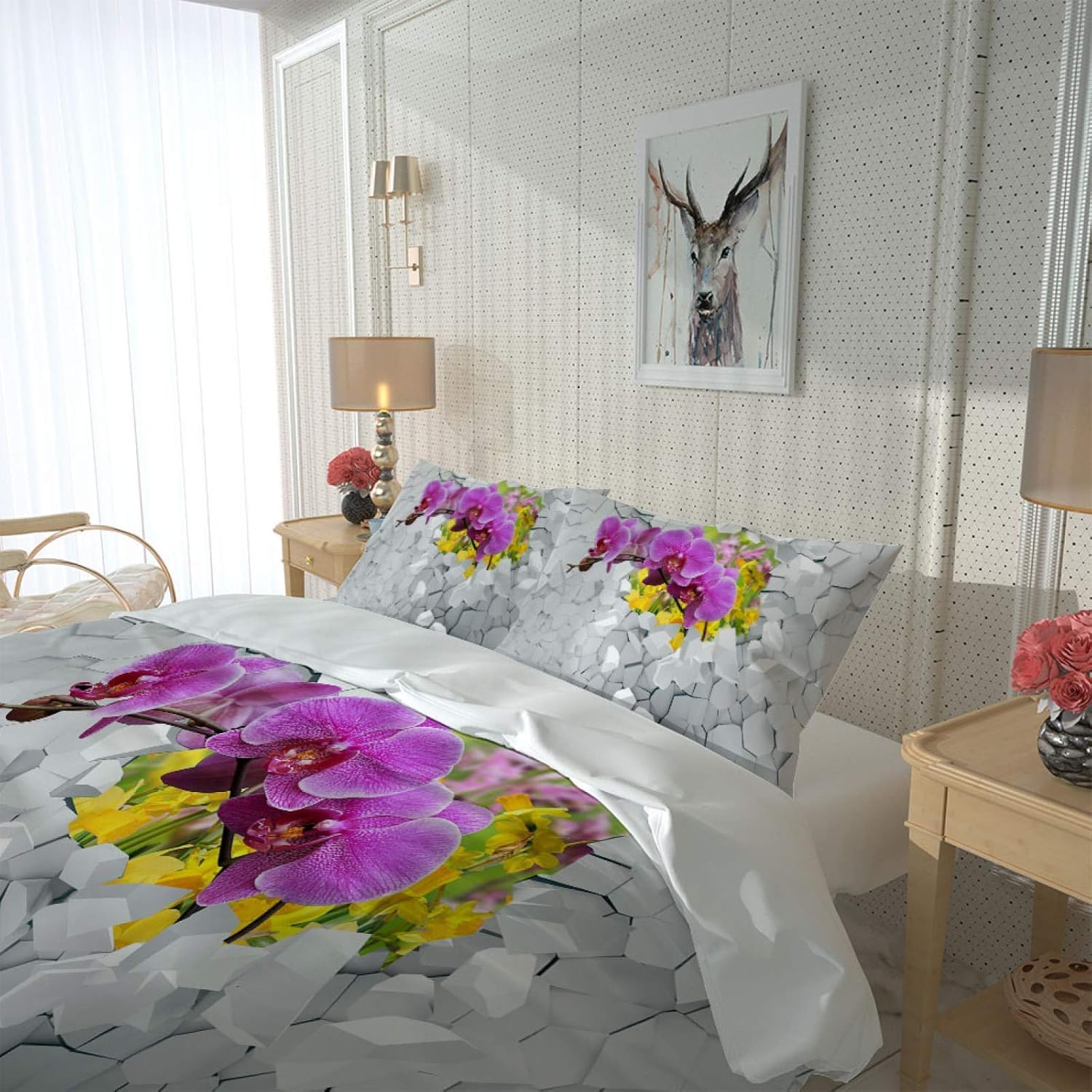 Super King zestaw poszewek na kołdrę z fioletowymi kwiatami miękka mikrofibra zestaw pościeli z nadrukiem 3D piękne kwiaty poszewka na kołdrę 260 x 220 cm z zamkiem błyskawicznym z 2 poszewkami na