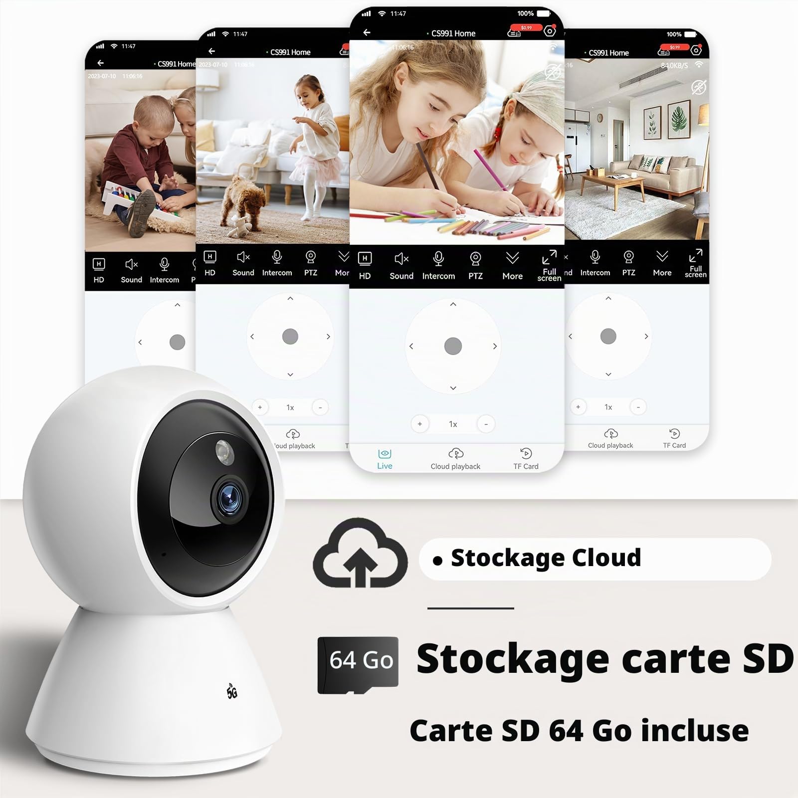 Caméra Surveillance WiFi intérieure 2K(4MP) , 5G/2.4 GHz WiFI Camera, Suivi de Mouvement à 360°, Détection Humaine AI, Vision Nocturne, Audio Bidirectionnel, Compatible avec Alexa pour Bébé/Animaux