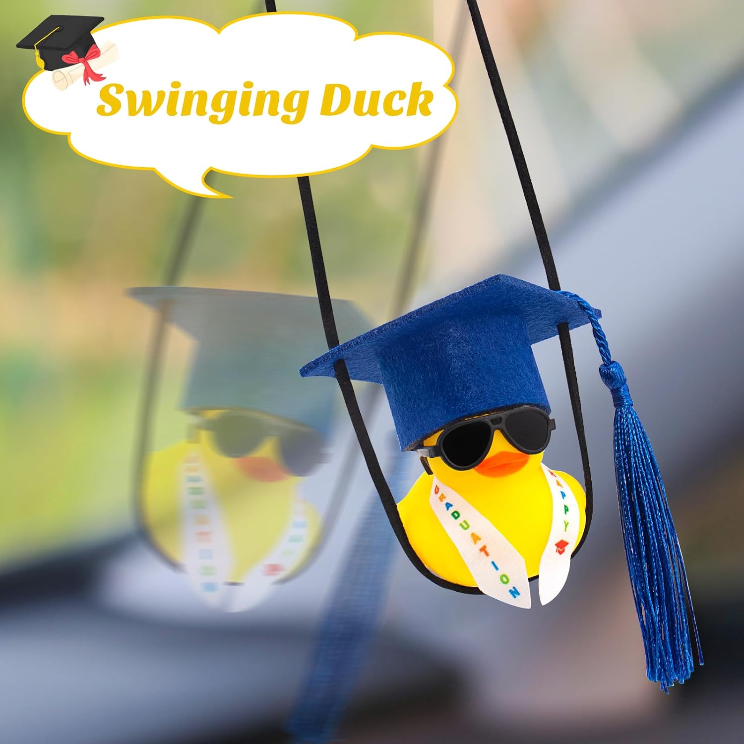 wonuu Graduation Swinging Rubber Duck with Stole Sash Sunglasses Grad Hat, Car Rearview Mirror Hanging Accessories Mini Ducky Ornament for Graduate Gifts, Dark Blue