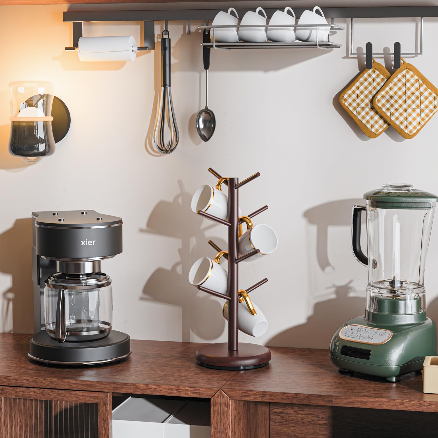 BAMBANG Bamboo Coffee Mug Tree, Rotating Coffee Cup Holder for Counter Top 8 Hooks, Mug Organizer, Display, Espresso - Image 4