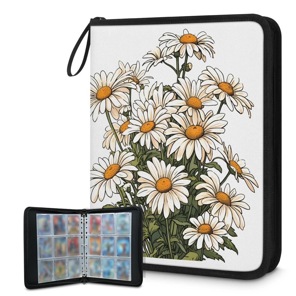 Raccoglitore per carte con 9 tasche, 900 tasche, con chiusura a cerniera (margherite bianche)