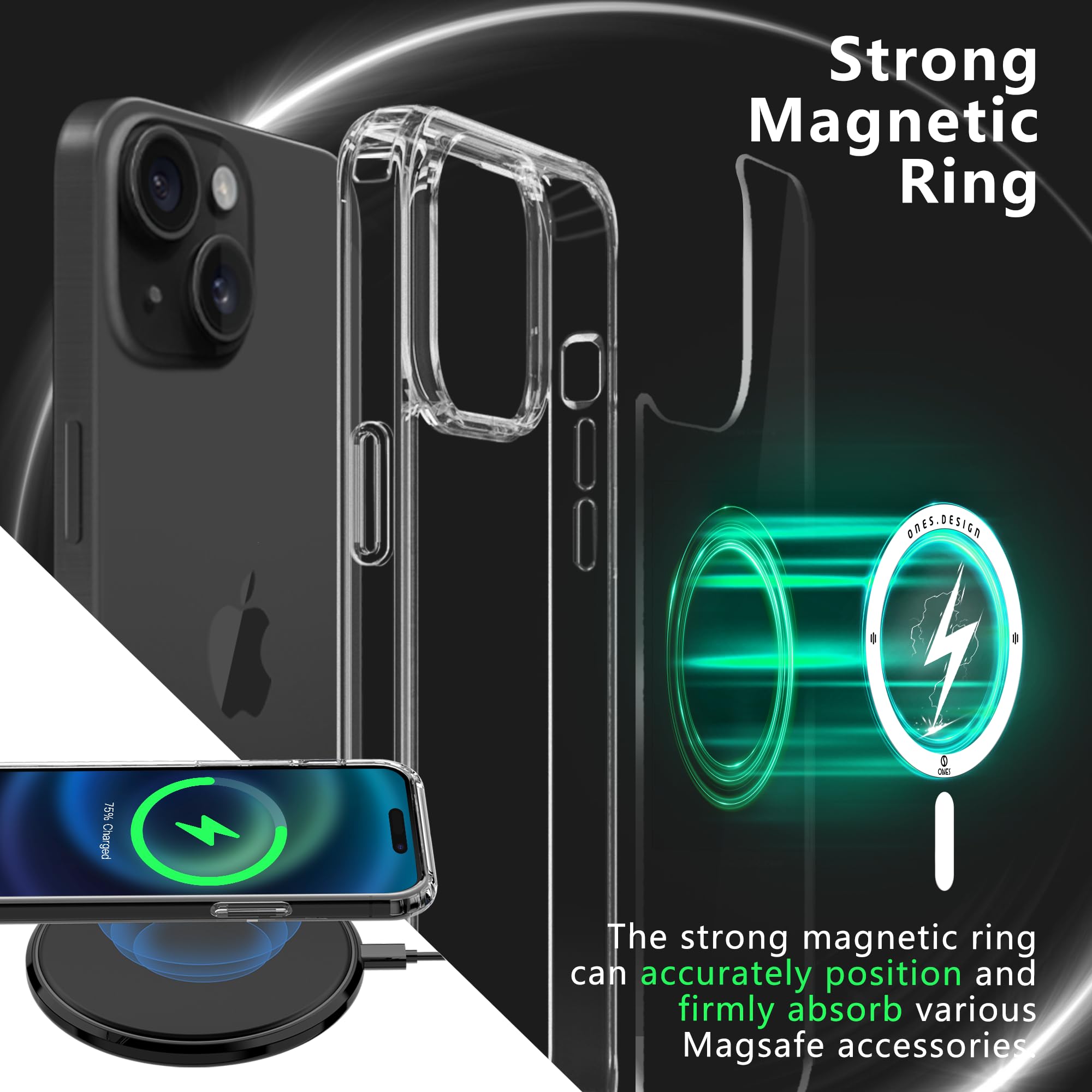Ones Cover magnetica rigida ibrida compatibile con iPhone 15 Custodia MagSafe, protezione di livello militare, airbag antiurto, ricarica wireless Qi, copertura in silicone antigiallo, trasparente