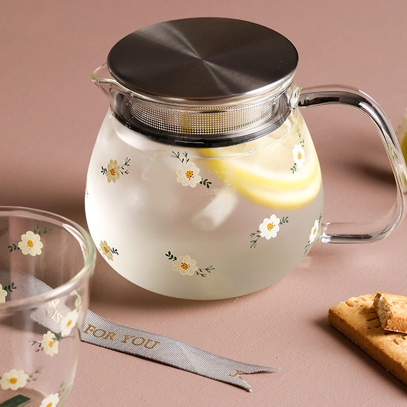 hervidores Jarra de Vidrio de Alta borosilicato con Cubierta de Filtro Lindo Agua fría Jarra Tetera pequeña para Jugo, Leche, Bebidas frías y frías (16.5 oz) cantimplora(A)