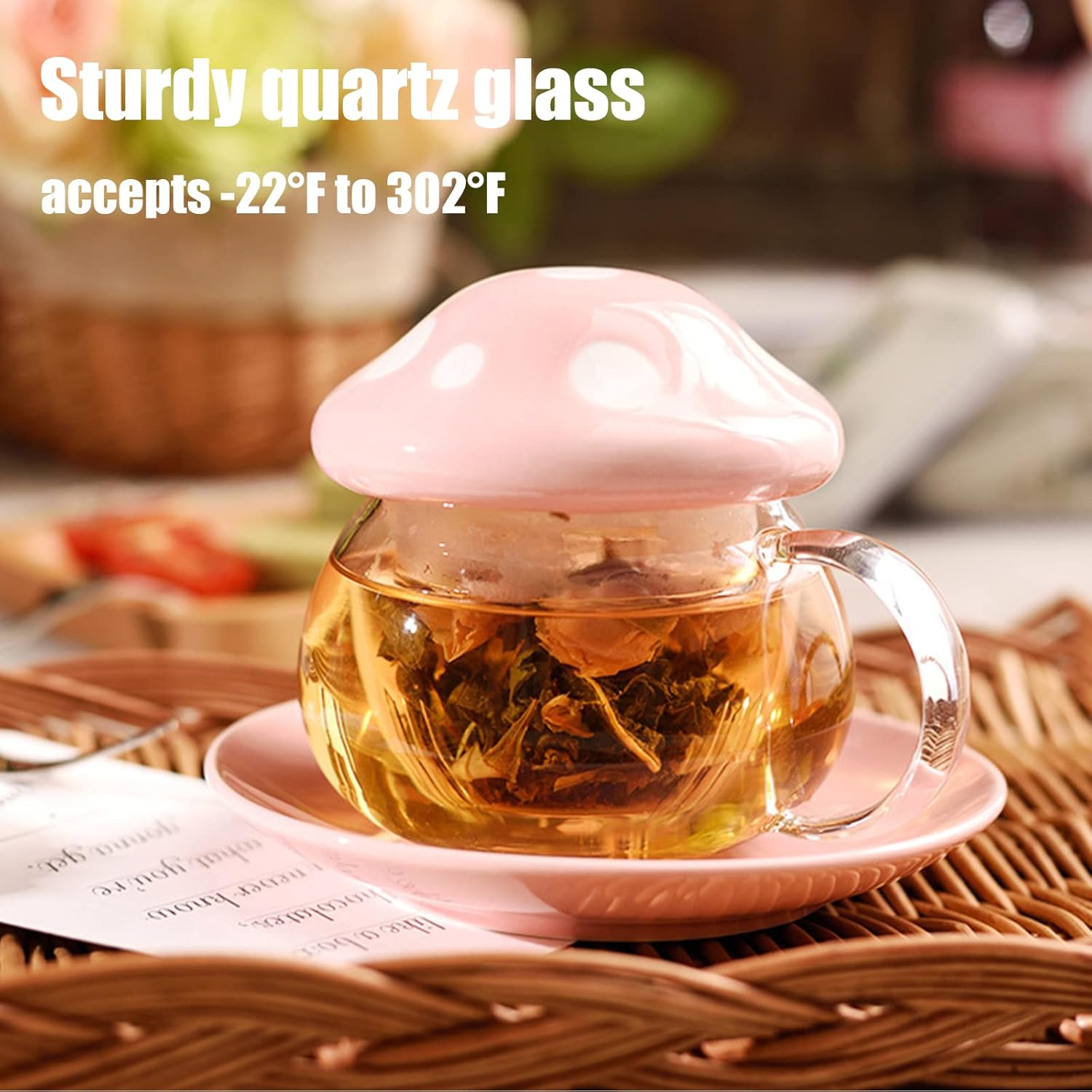 Mushroom Cup Cute Glass Tea Cup with Infuser and Lid Kawaii Mushroom Mug Set Coffee Teapot with Ceramic Coasters 11oz (Yellow)
