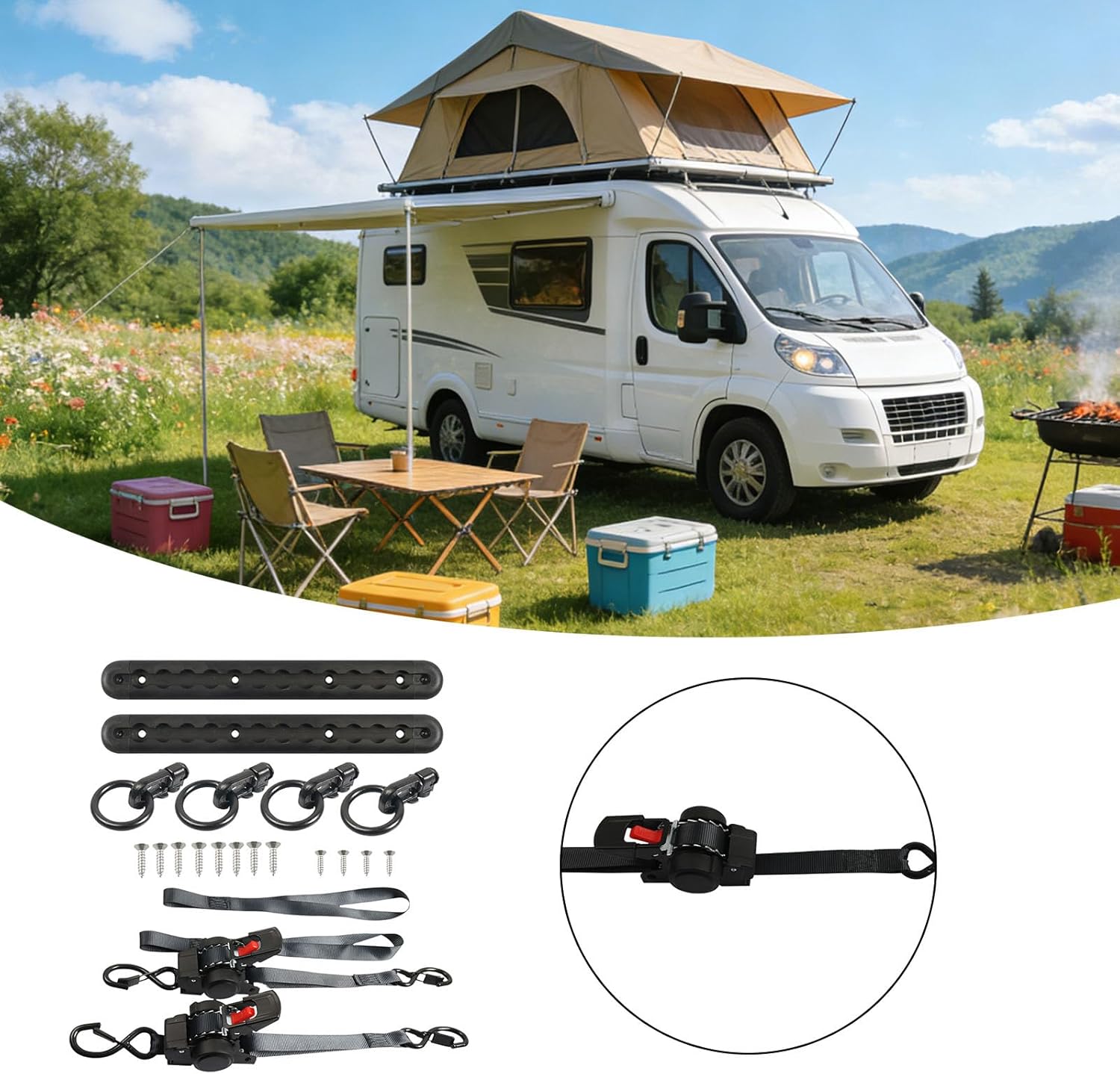 Set of 12 Inch Black Anodized Aluminum Track with High Strength Ratchet Straps and Fastener Points for Vehicle Cargo Vehicle Cargo Management Structure