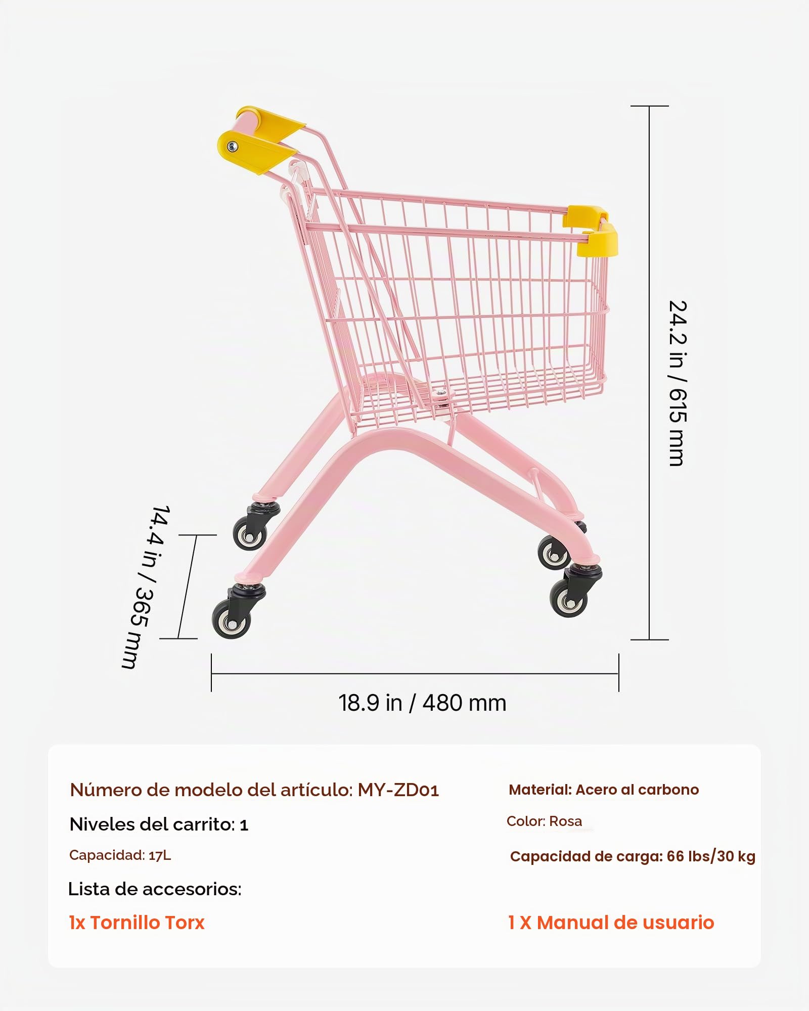 VEVOR Carrito de Compras Infantil, Estructura de Acero, Carrito de Supermercado de Juguete con Cesta de Capacidad de 17 L, Asiento para Muñecas, Ruedas de 360°, Carro para Niños de 3 Años en Adelante