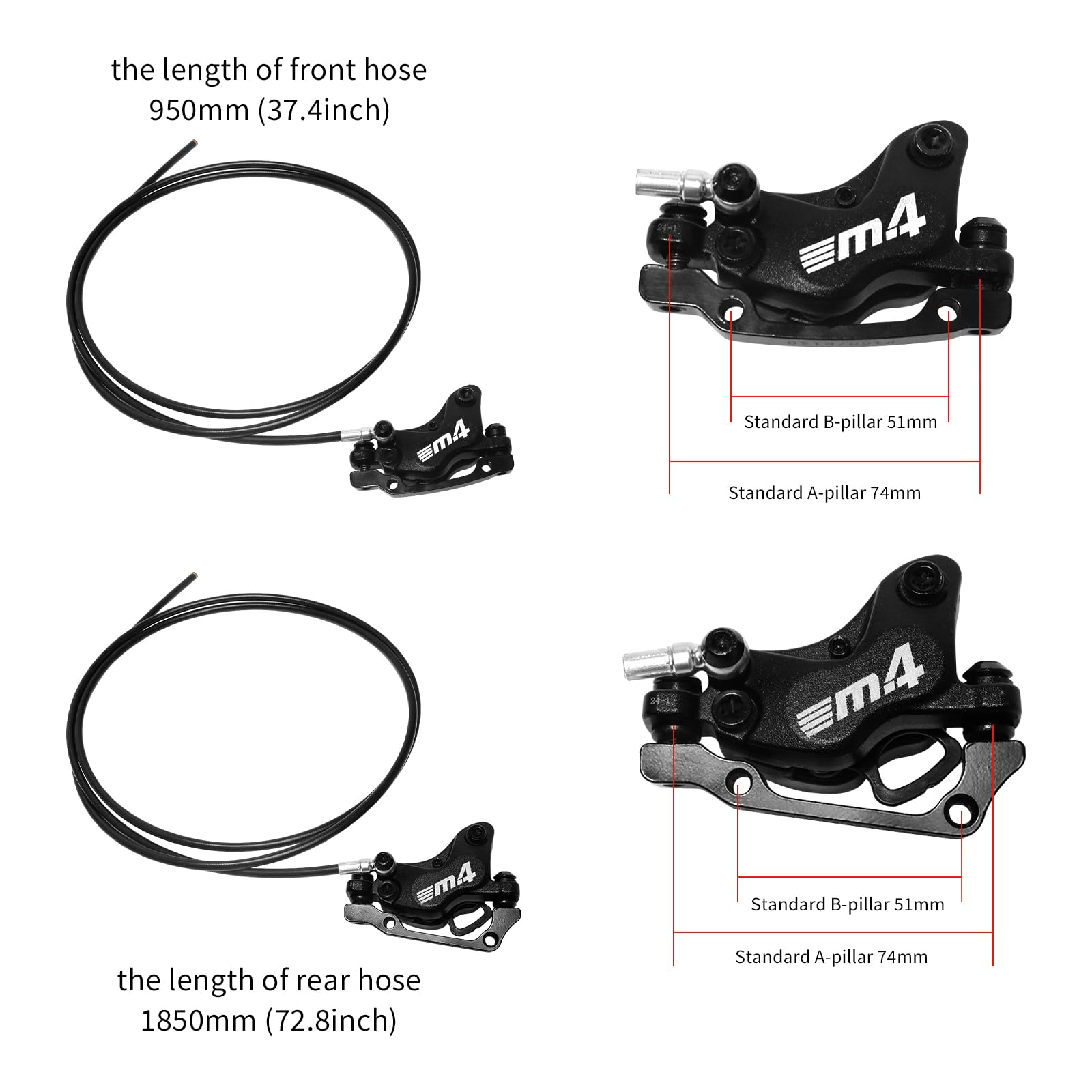 ZTZ Set di Freni Idraulici per eBike a 4 Pistoni, Freni a Disco Idraulici a 2 Pin per E-Bike, Kit di Freni Idraulici Pre-bilanciati con Adattatore di Montaggio, Ideale per eBike e Scooter Elettrici