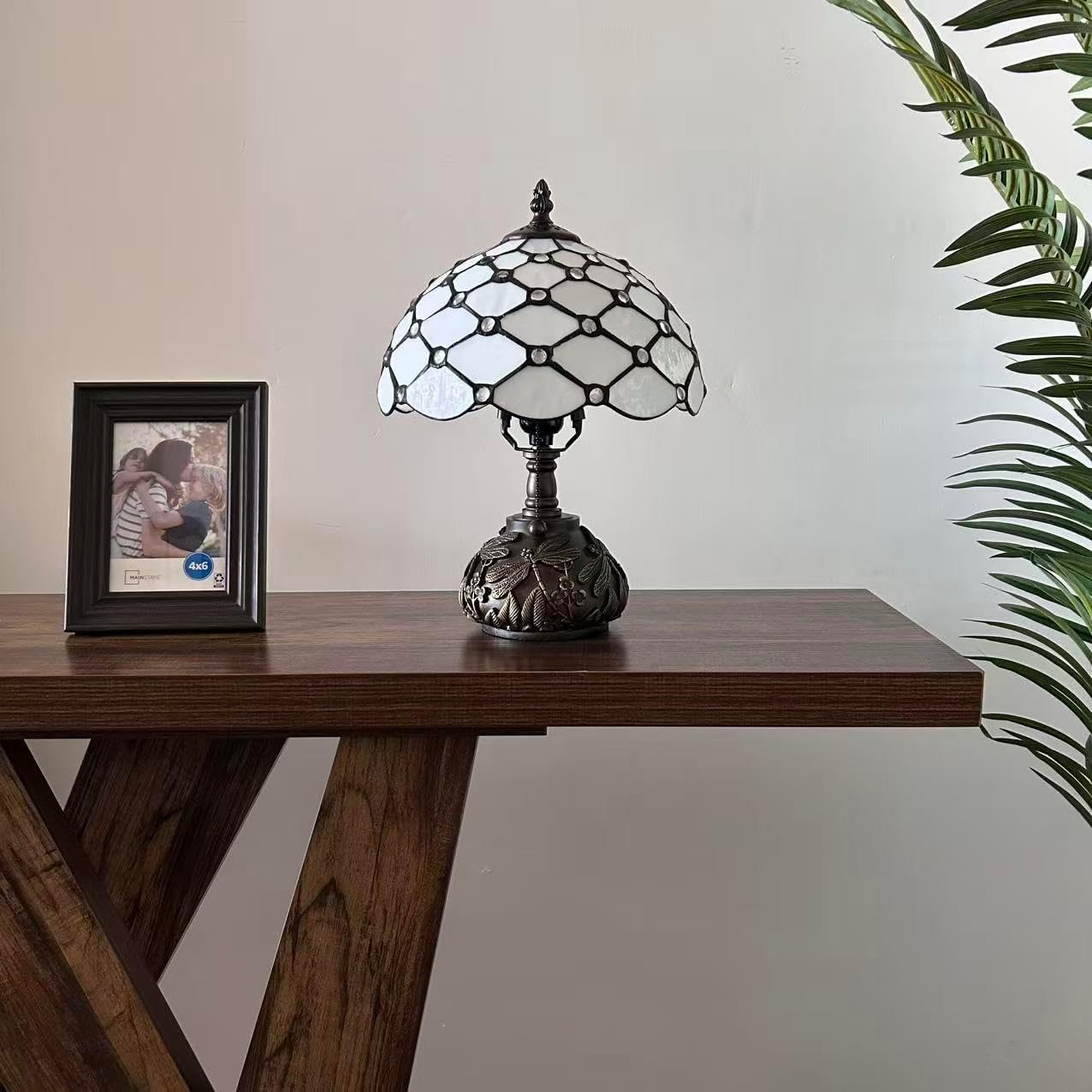 Tiffany Table Lamp White Stained Glass Crystal Beans LED Bulb Included Dragonfly Base for Living Room Bedroom Bedside 10" W*10" D*14" H