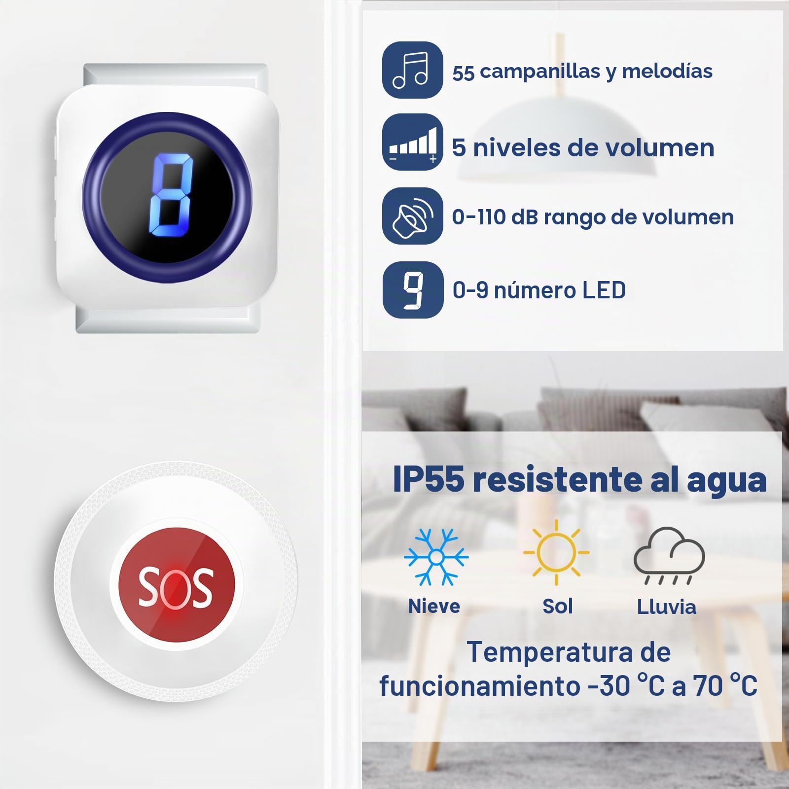 Botón de Llamada de Emergencia para Ancianos, Caregiver Pager Botón, Cuidado de Enfermería, Timbre para Personal Mayores Paciente Edad Avanzada Transmisor y Receptor de Alarma SOS Inalámbrico