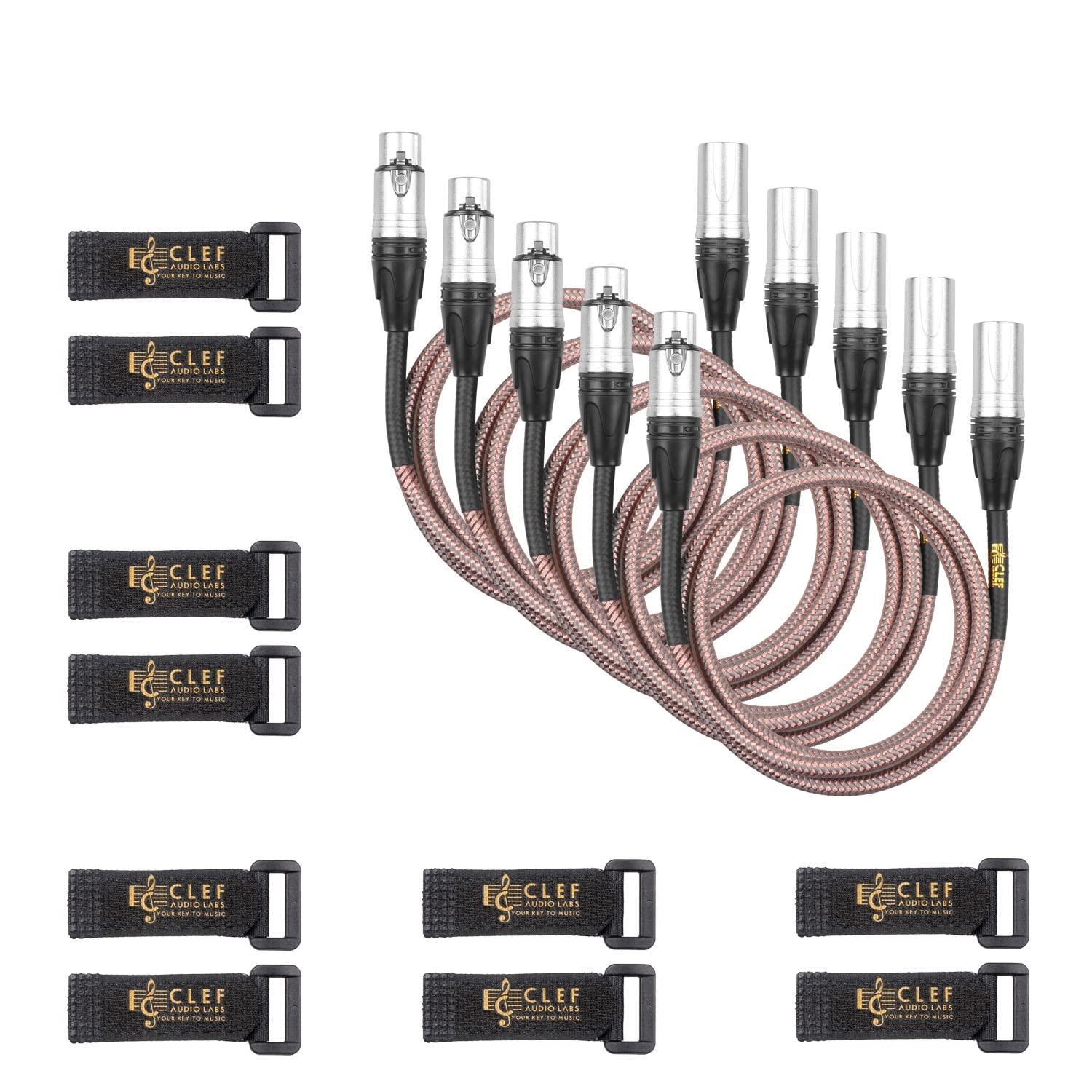 XLR Cable, 3 Feet [5-Pack] Male to Female Connections for Microphone and Audio Interface, Gray/Copper Braided Flexible Jacket, Silver Zinc Alloy Shell, 24K Gold Plated 3-Pin Connectors
