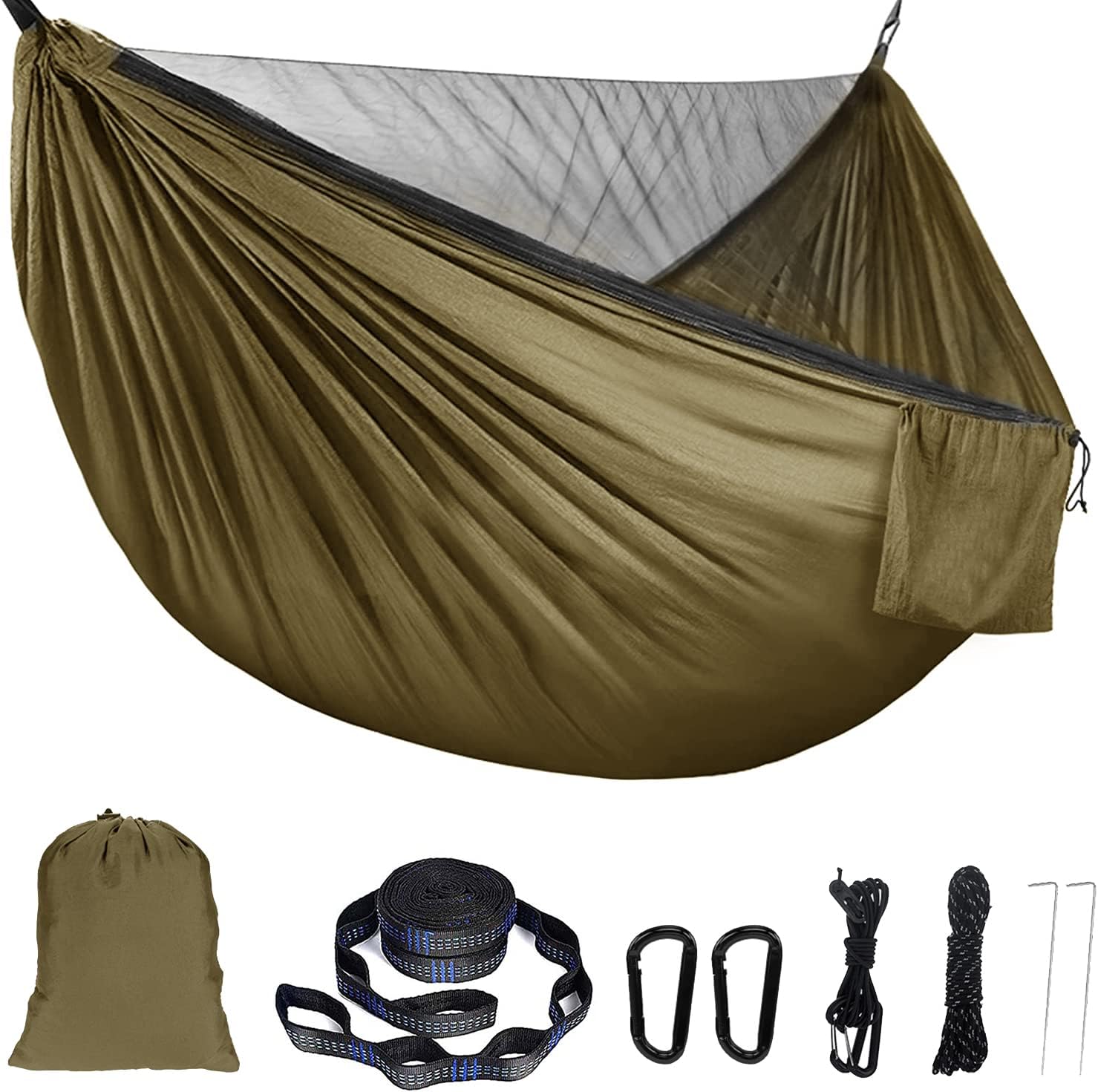 Double Single Camping Hammock,Portable Hammock with Net and Tree Straps,Lightweight Parachute Nylon Hammock for Backpacking Travel Beach Yard Outdoor Indoor