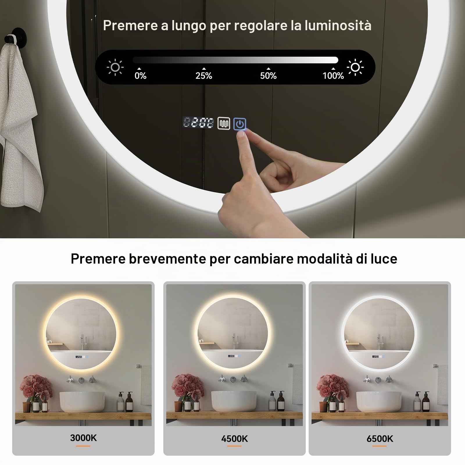 YU YUSING Specchio Bagno con Luce LED, Rotondo, 60 cm, 3 Colori, Luce Regolabili, Specchio da Parete, con Interruttore Touch e Funzione Antiappannamento, Visualizzazione del Tempo, IP44