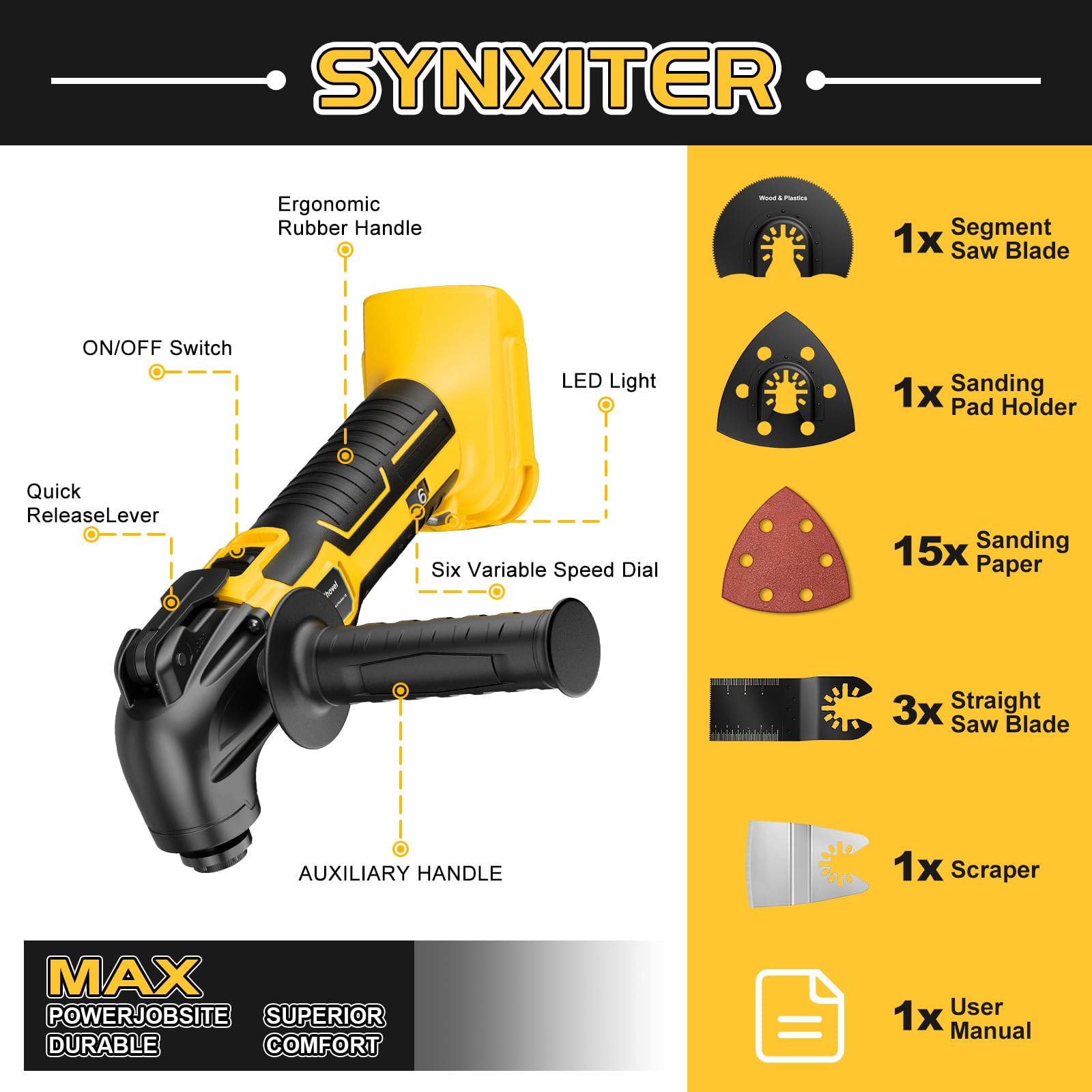 Utensile oscillante a batteria per batteria Dewalt 18V 20V (senza batteria) Kit di utensili oscillanti senza spazzole con 6 velocità variabili, rimovibile e raschiante, con 23 accessori