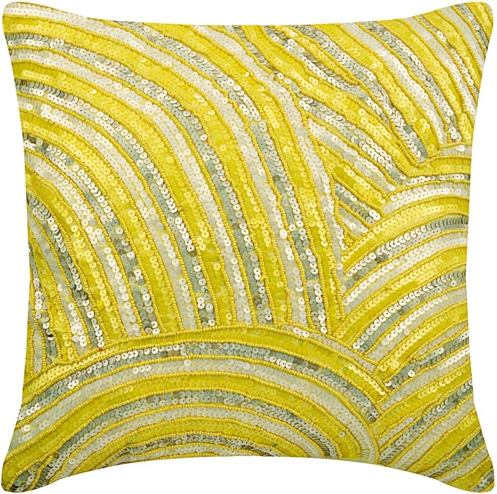 The HomeCentric Pillow Covers, Yellow Decorative Pillow Cover, Sequins Beaded Sparkly Glitter Pillow case, 14x14 inch (35x35 cm) Throw Pillow Cover, Square Silk Pillow Cover, Modern - Pearly Yellow