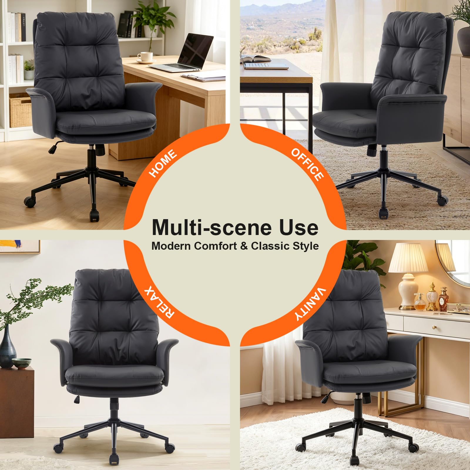 IWMH Schreibtischstuhl Ergonomisch,PU Leder Bürostuhl mit Hoher Rückenlehne | Chefsessel Bequem mit Armlehnen,Doppelt Gepolsterter Drehstuhl für Büro,Homeoffice,Wohnzimme(Schwarz)