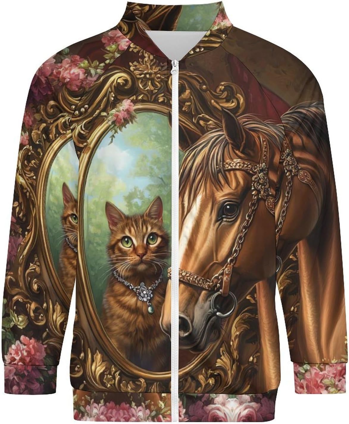 Horse Cats Men's Zip Up Sweatshirt Casual Sweater Jackets Long Sleeve Tops Lightweight Coat