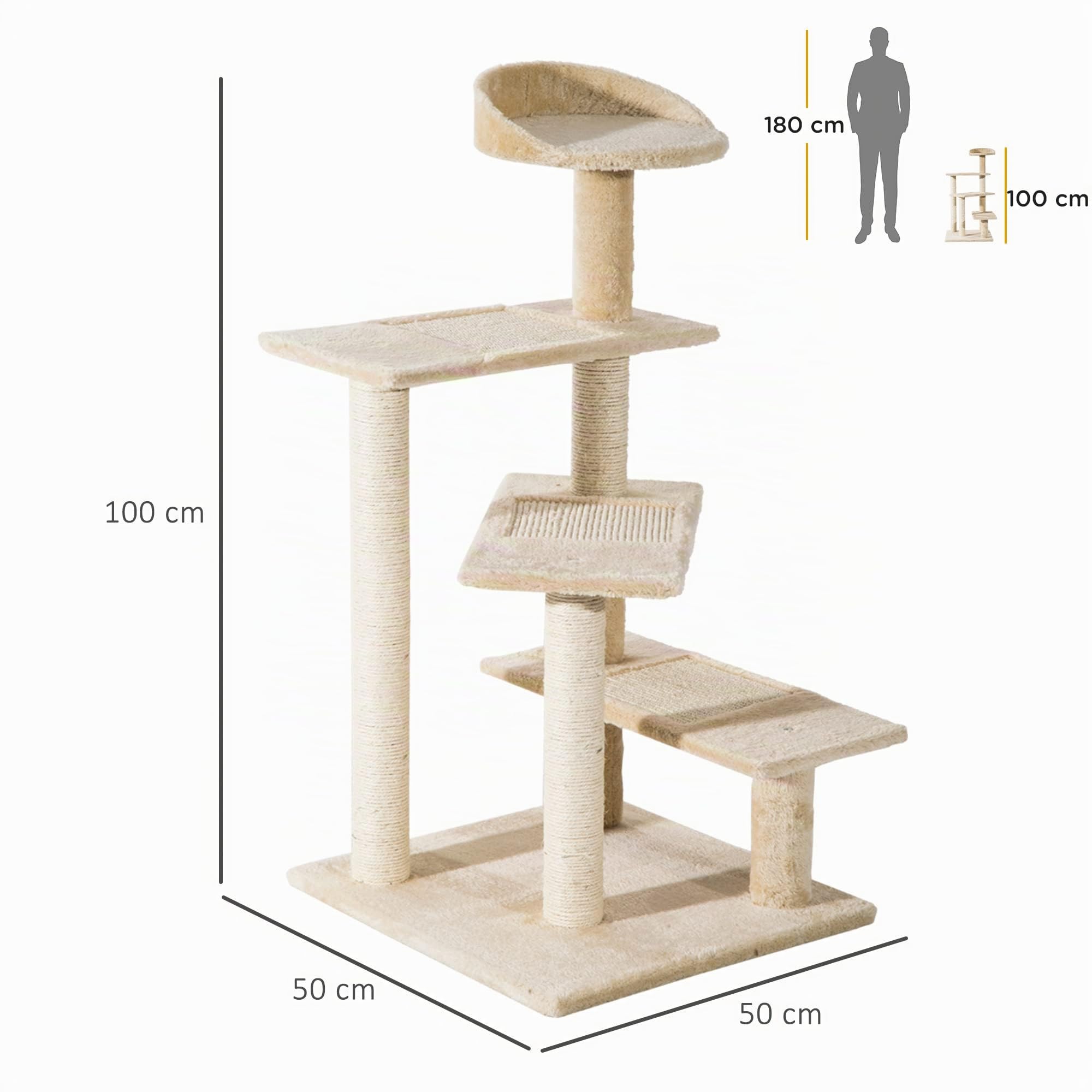 PawHut Árbol para Gato Rascador Poste para Arañar con Cama Plataforma con Manta de Sisal 50x50x100cm Terciopelo Beige | Grande, para Arañar, Cama, Manta de Sisal, Terciopelo