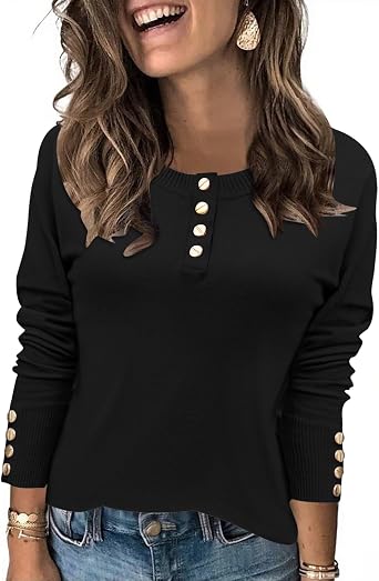 Rapbin Sweaters for Women Long Sleeve Tops Crew Neck Knit Pullover Tops Button Womens Fashion Clothing