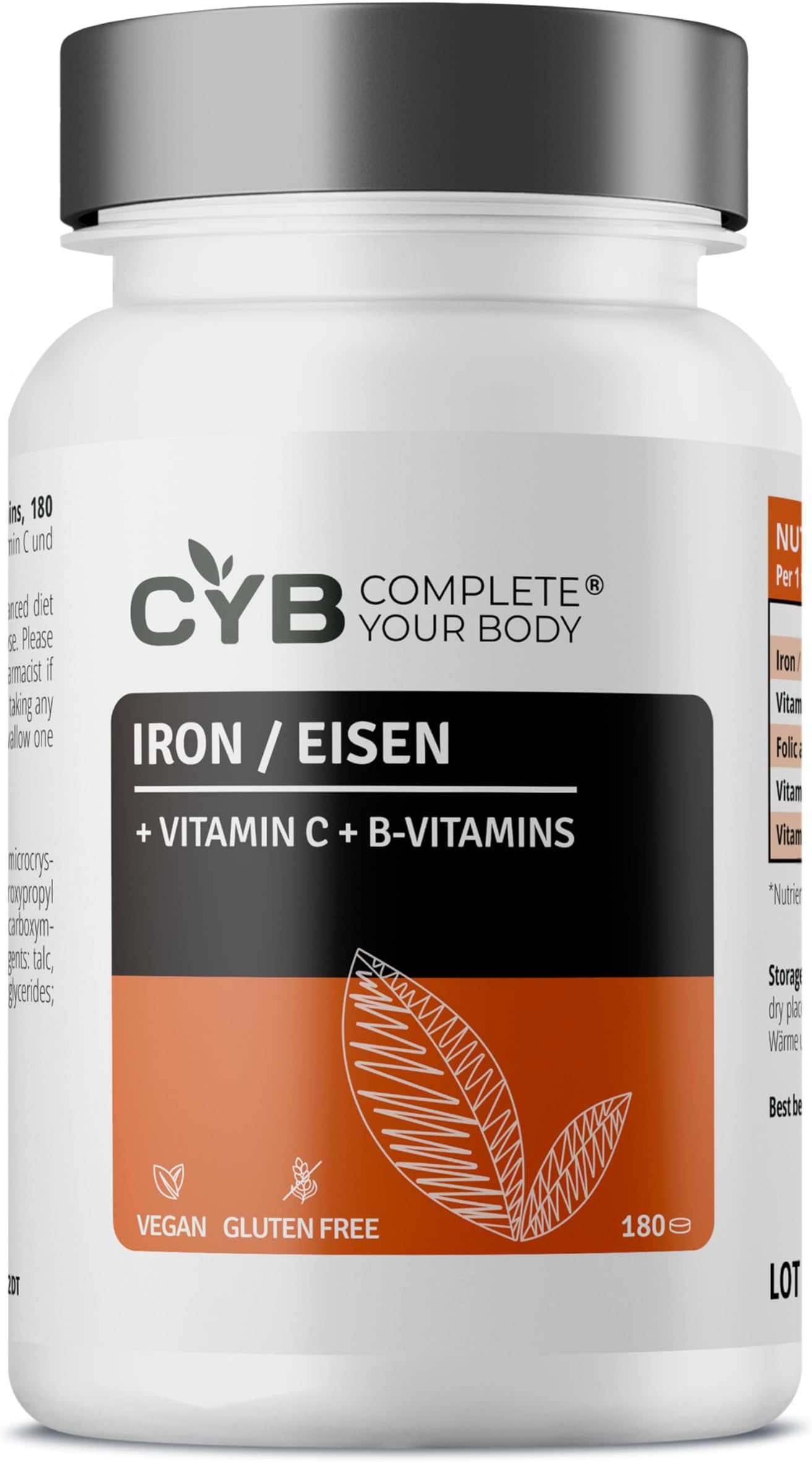 CYB High-Strength Iron Complex – 180 Tablets - Chelated Iron 14mg (as Gluconate) (100% NRV) Plus Folic Acid, Vitamins B12, B6 and C - Formation of Red Blood Cells, Reduction of Tiredness and Fatigue